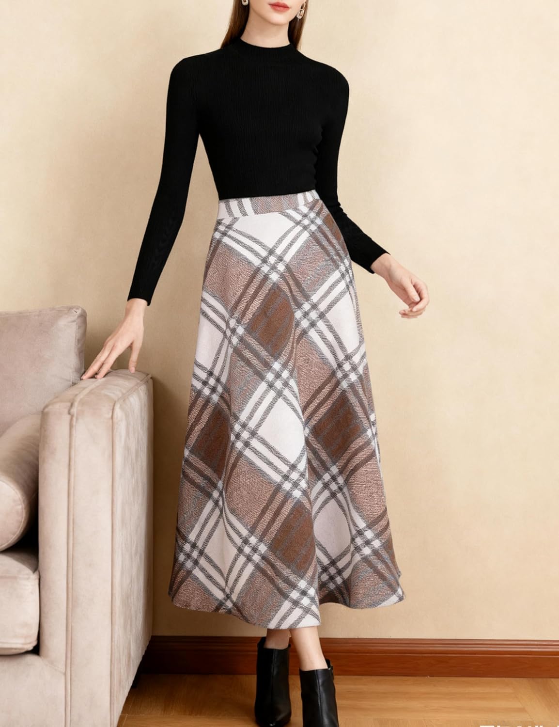 Tanming Women's Winter Warm Elastic Waist Wool Plaid A-Line Pleated Long Skirt - Image 3