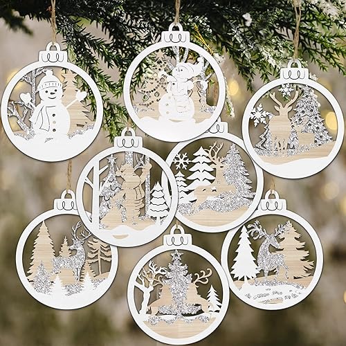 8 adornos de Navidad de granja de invierno para decoración de árboles de Navidad, juego de adornos rústicos redondos de madera de 4 pulgadas,