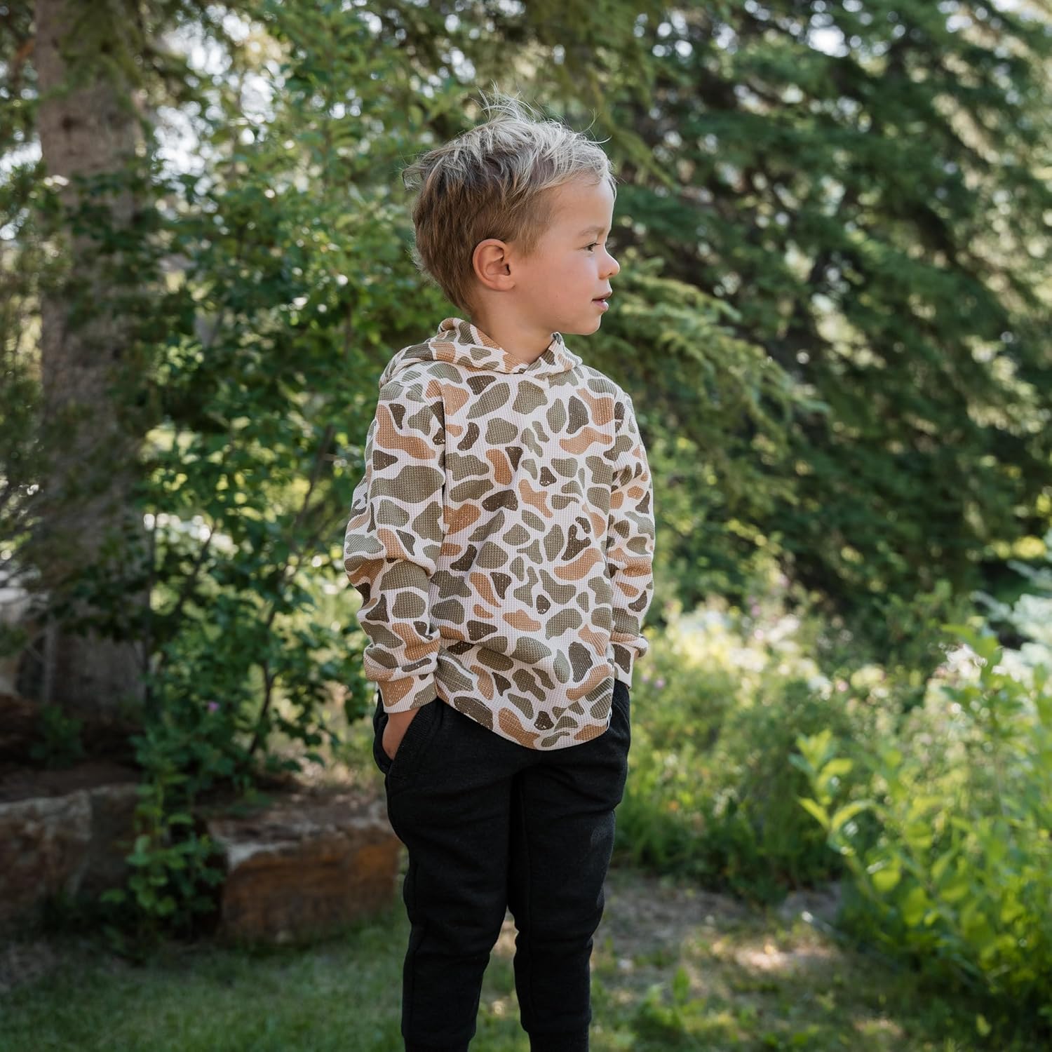 BURLEBO Youth Thermal Hoodie – Soft Midweight Pullover with Camo Detail