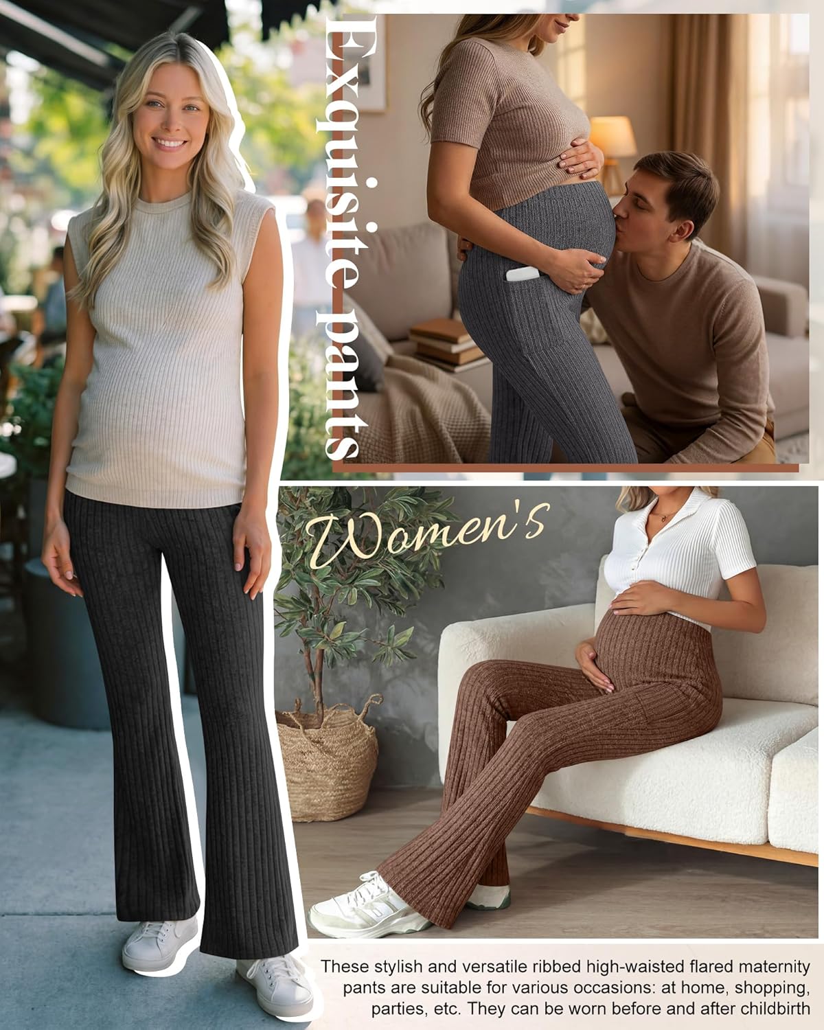 3 Pack Women's Maternity Ribbed Flare Pants Over The Belly Pregnancy Knit Sweater Soft Warm Trousers with Pockets - Image 4