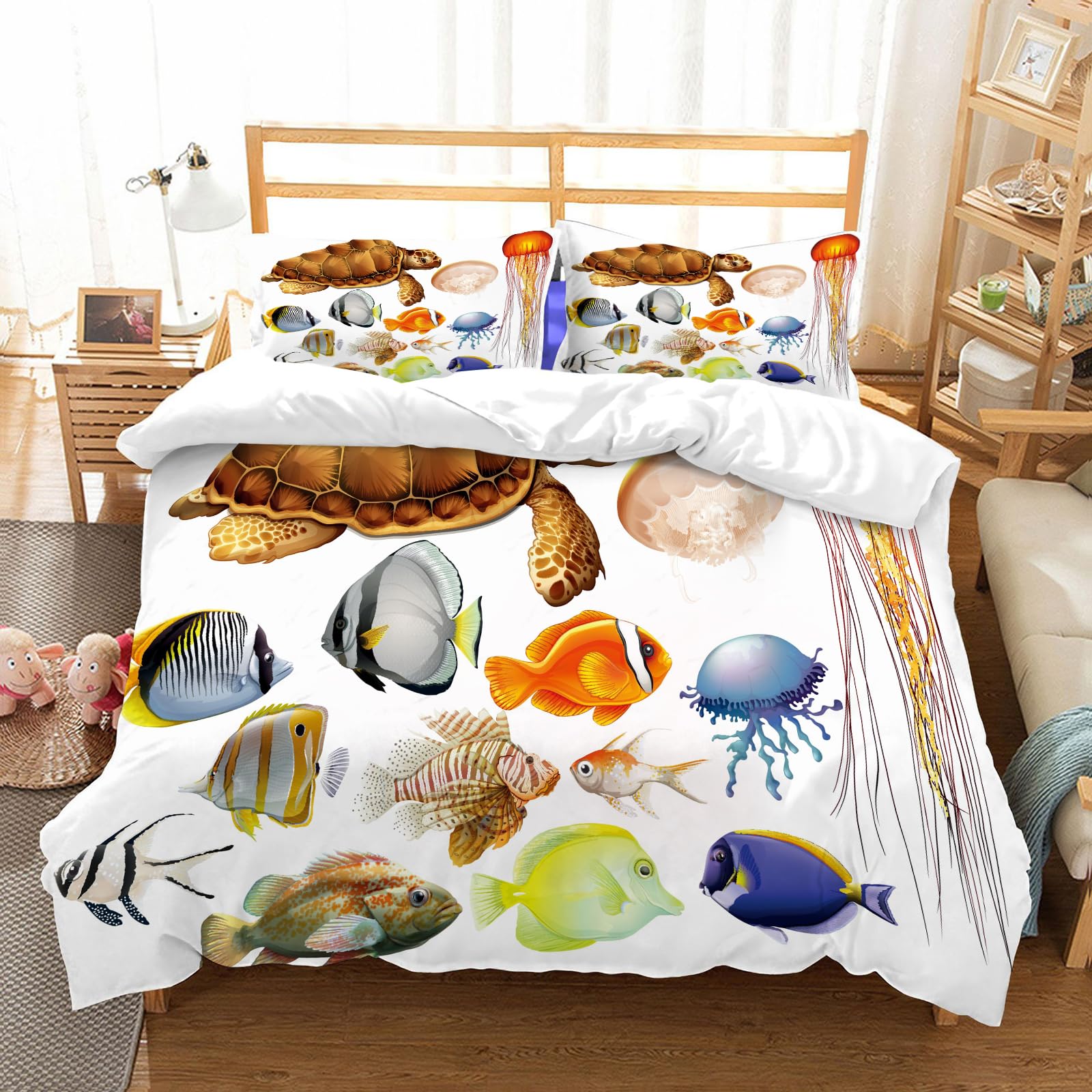 Parure de lit océan 100% microfibre 228x264 cm avec ses 2 taies d'oreiller animaux marins