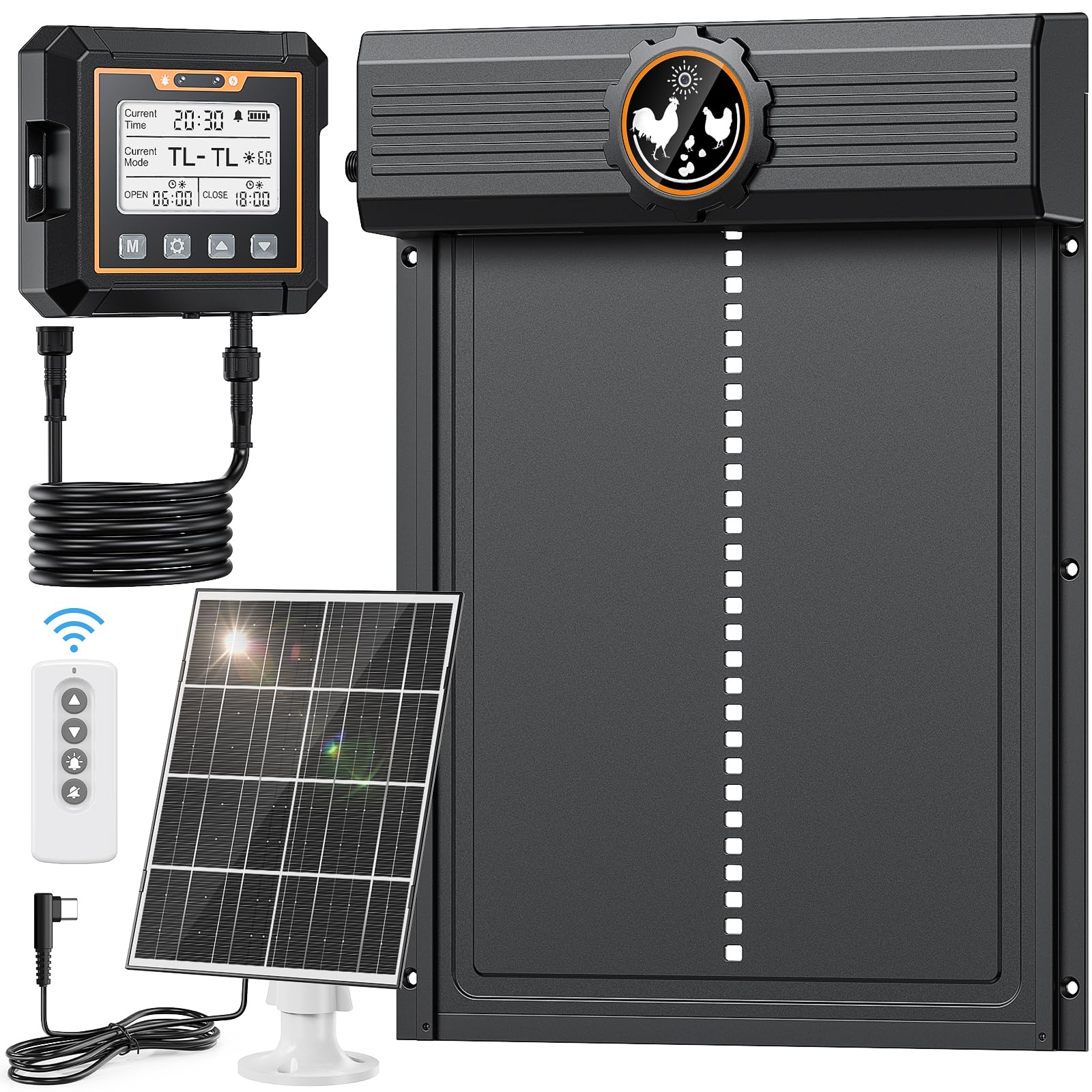 Tapa de pollo grande automática Solar, MASTERFUN Aluminio Gallina Automática con Sensor de Luz, Temporizador, Panel Solar de 7 W, Protección Inteligente, Puerta de Pollo Eléctrica