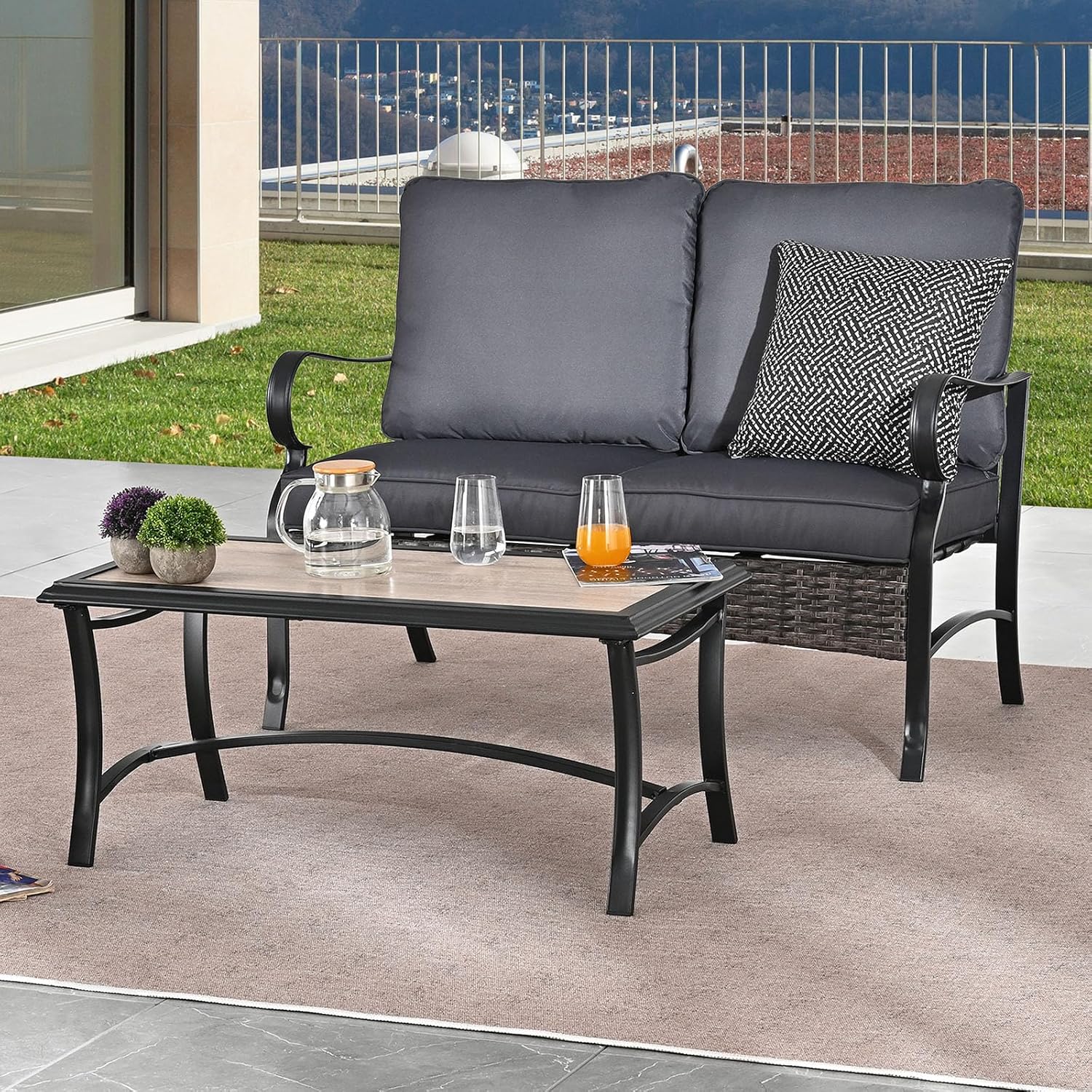 PatioFestival 2 Pieces Patio Wicker Loveseat with Coffee Table Outdoor Bench with Cushion,All Weather Rattan Conversation Garden Sofa for Yard and Bistro