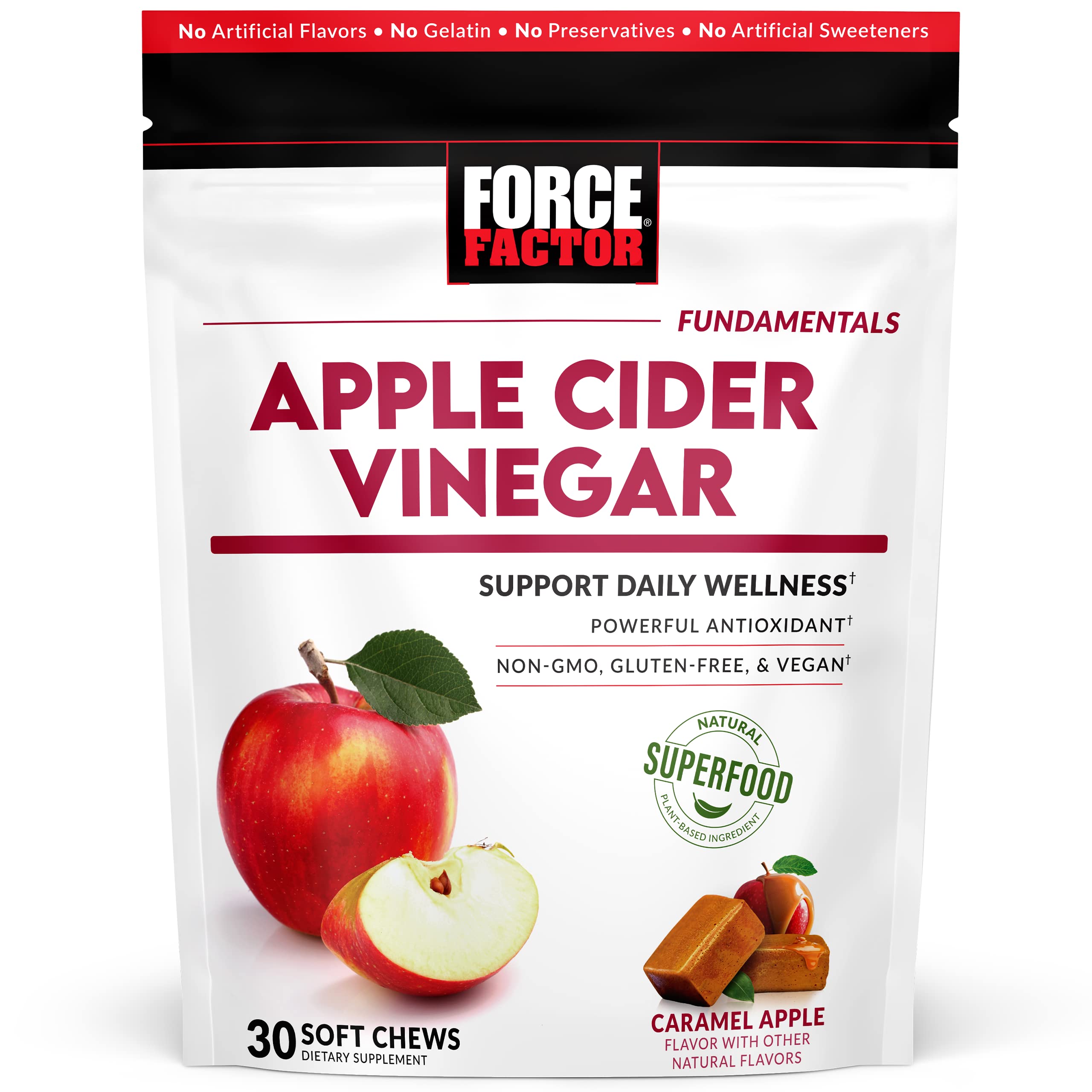 Force FactorOrganic Apple Cider Vinegar Soft Chews for Digestion and Metabolism Support, Apple Cider Vinegar with Mother, ACV Supplement, Gluten-Free, & Vegan, Caramel Apple Flavor, 30 Soft Chews