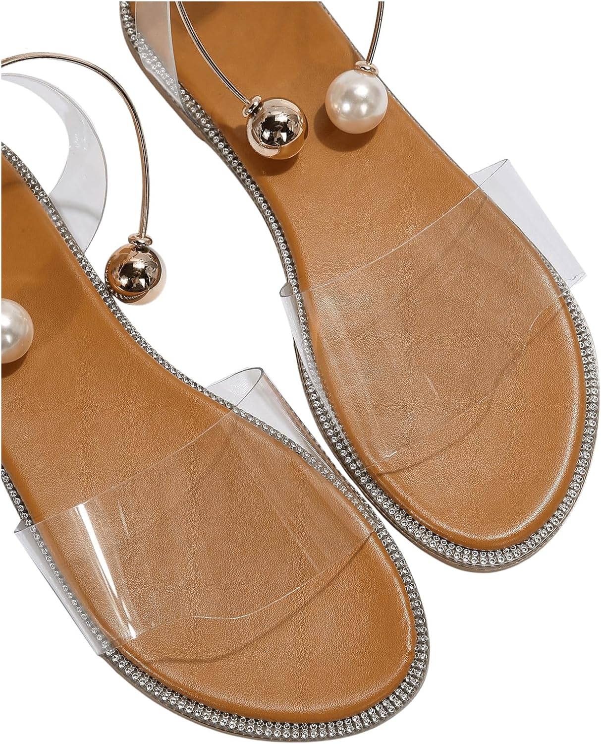 OYOANGLE Women's Pearl Decor Clear Straps Open Toe Flat Sandals Leather Outdoor Beach Sandals - Image 15