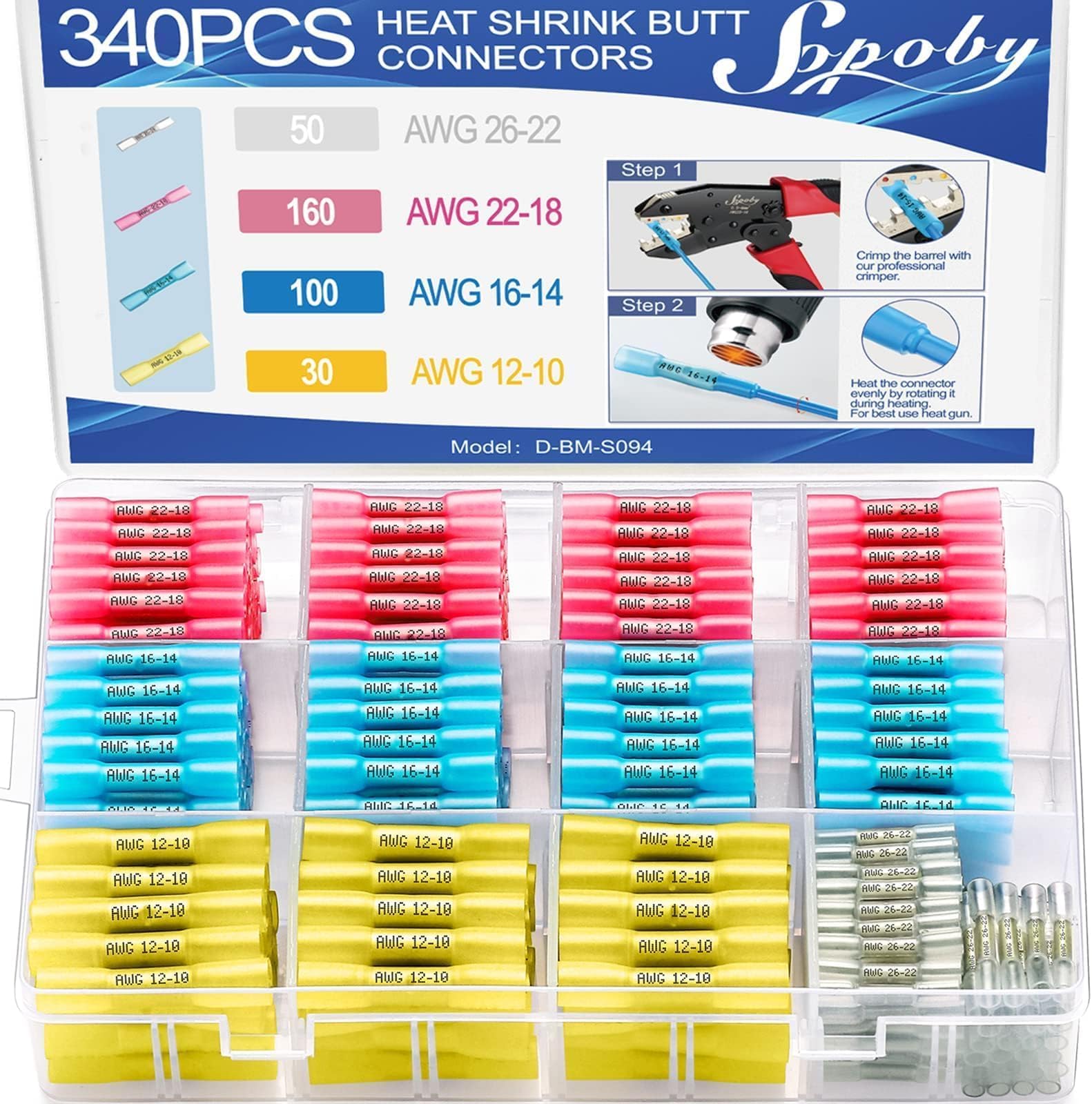 340PCS Heat Shrink Butt Connectors