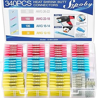 340PCS Heat Shrink Butt Connectors, Sopoby Marine Grade Electrical Wire Connectors Kit, Tinned Red Copper Insulated Waterproof Crimp Terminals Butt Splice for Cable,Boat,Wiring