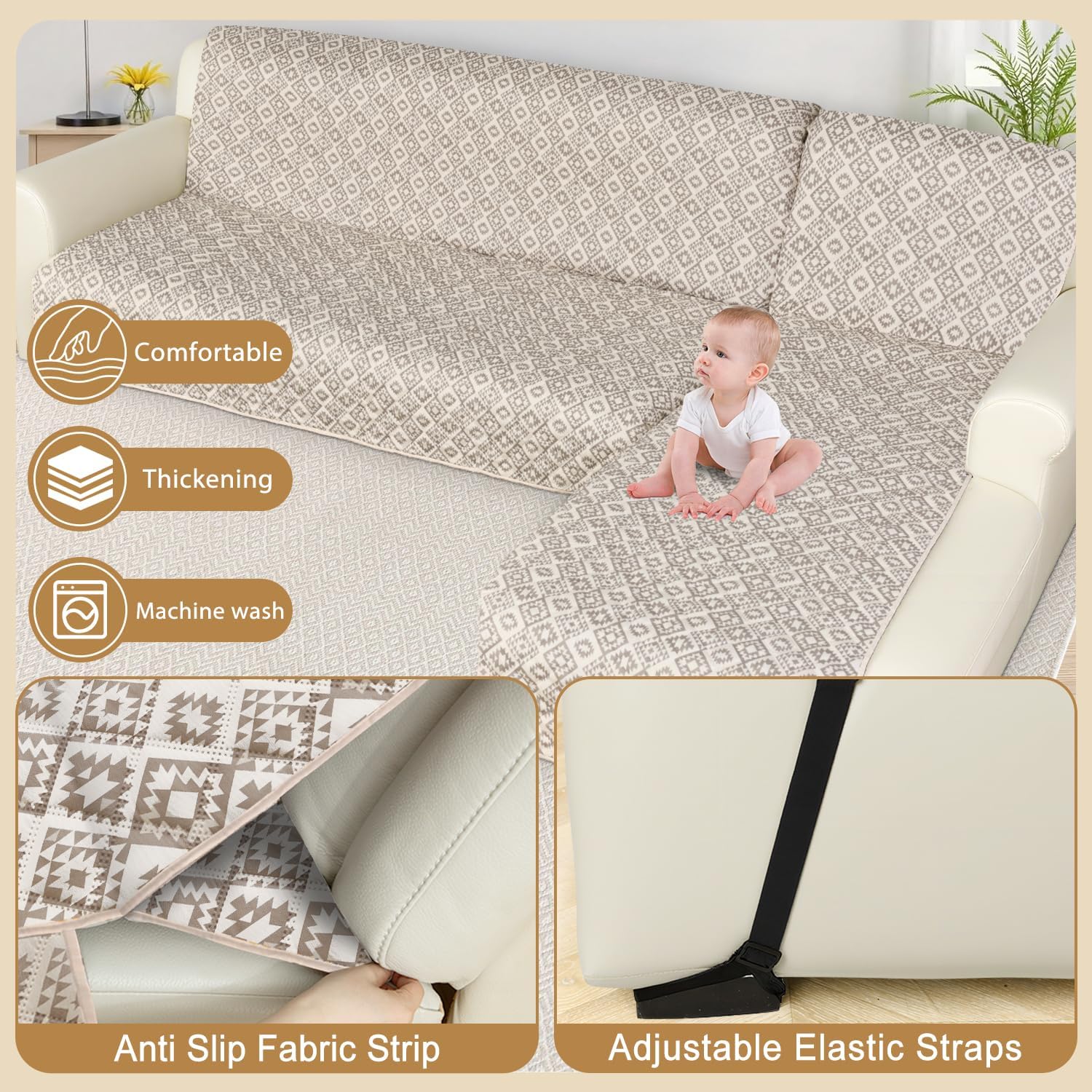 ALIECOM Sectional Couch Covers 100% Waterproof L Shape Sofa Cover Washable 2 Piece Printed Sectional Slipcovers with Chaise Pet Friendly Furniture Protector for Dogs (Large, Checkered Khaki)