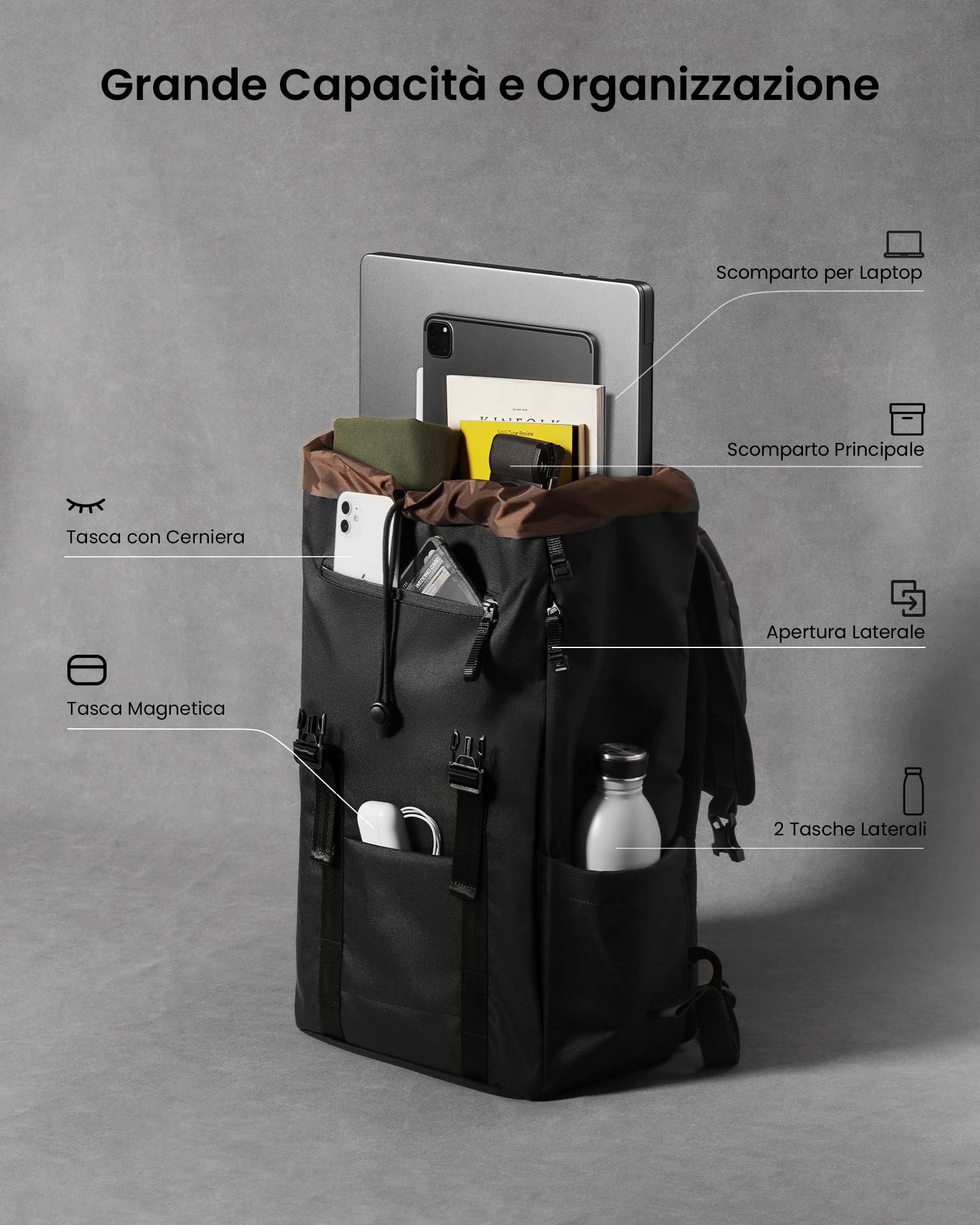 tomtoc Zaino con Patta per Laptop, Leggero, Resistente all'Acqua, Zaino da Giorno, Classico Zaino da Lavoro Vintage per Laptop da 13-15,6", Perfetto per il Campus, la Strada, 22L