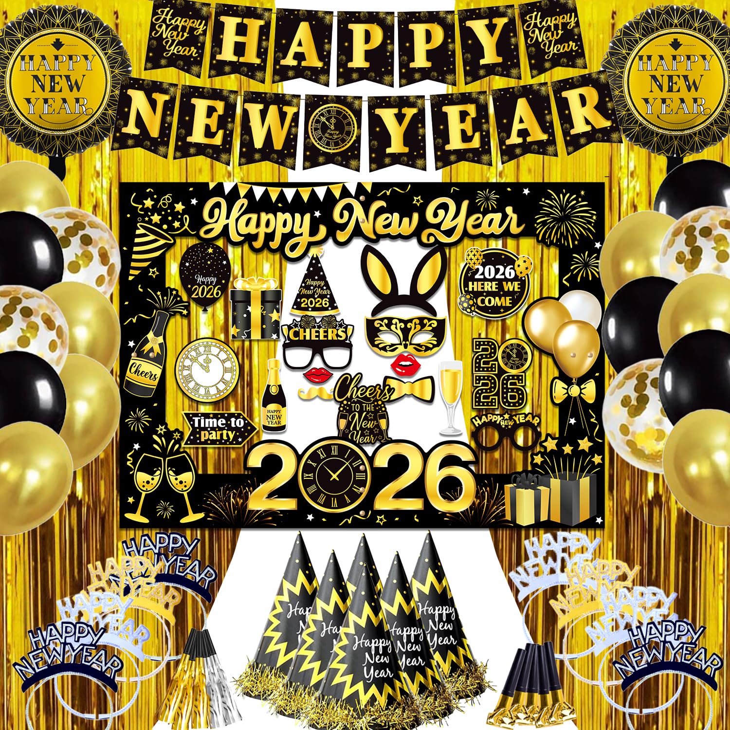 Silvester Deko Set 2026 – Partyhüte, Tröten, Halsketten & Mehr – Schwarz-gold-silber – Für 50 Gäste – Ultimatives
