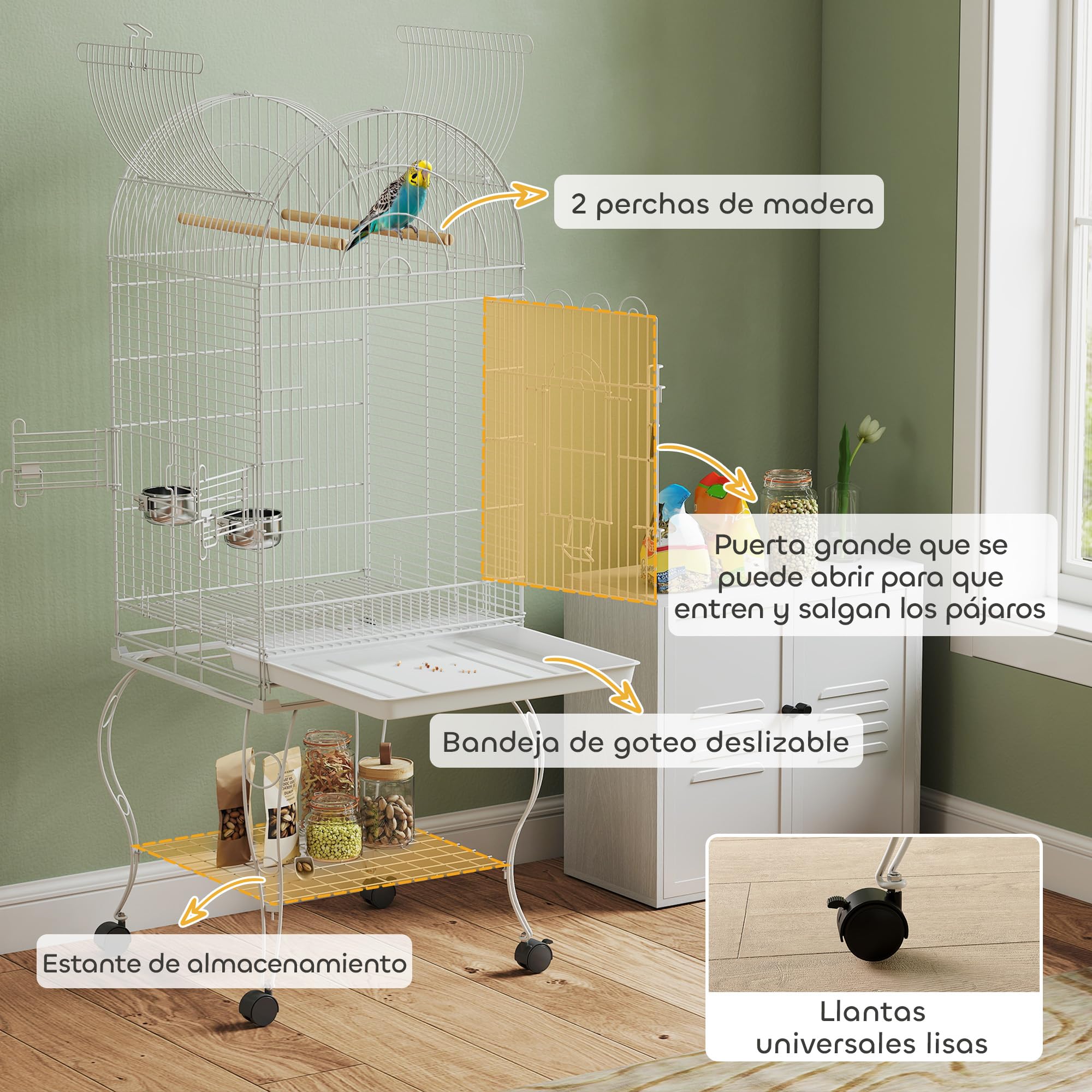 PawHut Jaula para Pájaros con Ruedas y Estante, 51x51x153 cm, Jaula Grande con Parte Superior Abatible, 2 Comederos, 2 Perchas, 4 Puertas y Bandeja Extraíble, para Loros y Canarios, Blanco