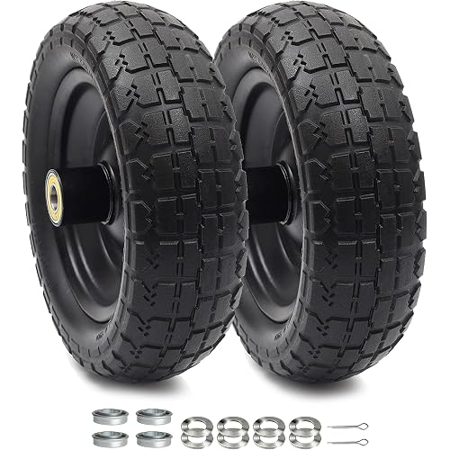 AR-PRO (2-Pack) 10" Flat Free Solid Tire and Wheel - with 5/8" Axle Bore Hole, 2.1" Offset Hub for 10 Inch Wheelbarrow Wheels - Compatible with Garden Cart,Trolleys,Hand Trucks and Yard Trailers | 5/8" Axle Bore Hole, 2.1" Offset Hub, for Wheelbarrow Trolley Hand Truck Yard & Garden Wagon Cart (2 Pack)