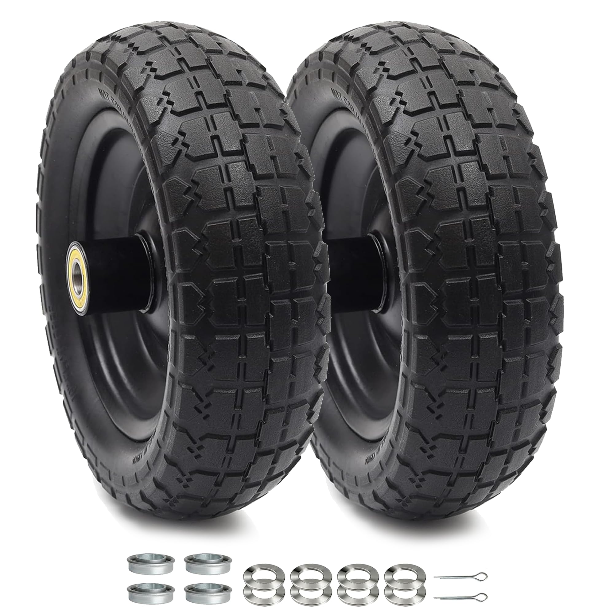 AR-PRO (2-Pack) 10" Flat Free Solid Tire and Wheel - with 5/8" Axle Bore Hole, 2.1" Offset Hub for 10 Inch Wheelbarrow Wheels - Compatible with Garden Cart,Trolleys,Hand Trucks and Yard Trailers