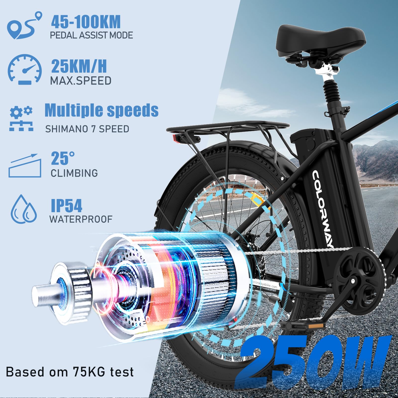 COLORWAY Bicicleta Eléctrica 26” EBike 250W, Batería Extraíble 36V 15Ah, 7 Velocidades, Fat Tire 26×3.0, Pantalla LCD S866, Pedelec hasta 25 km/h, Autonomía 40-90 km, Bicicleta Eléctrica Hombre Mujer