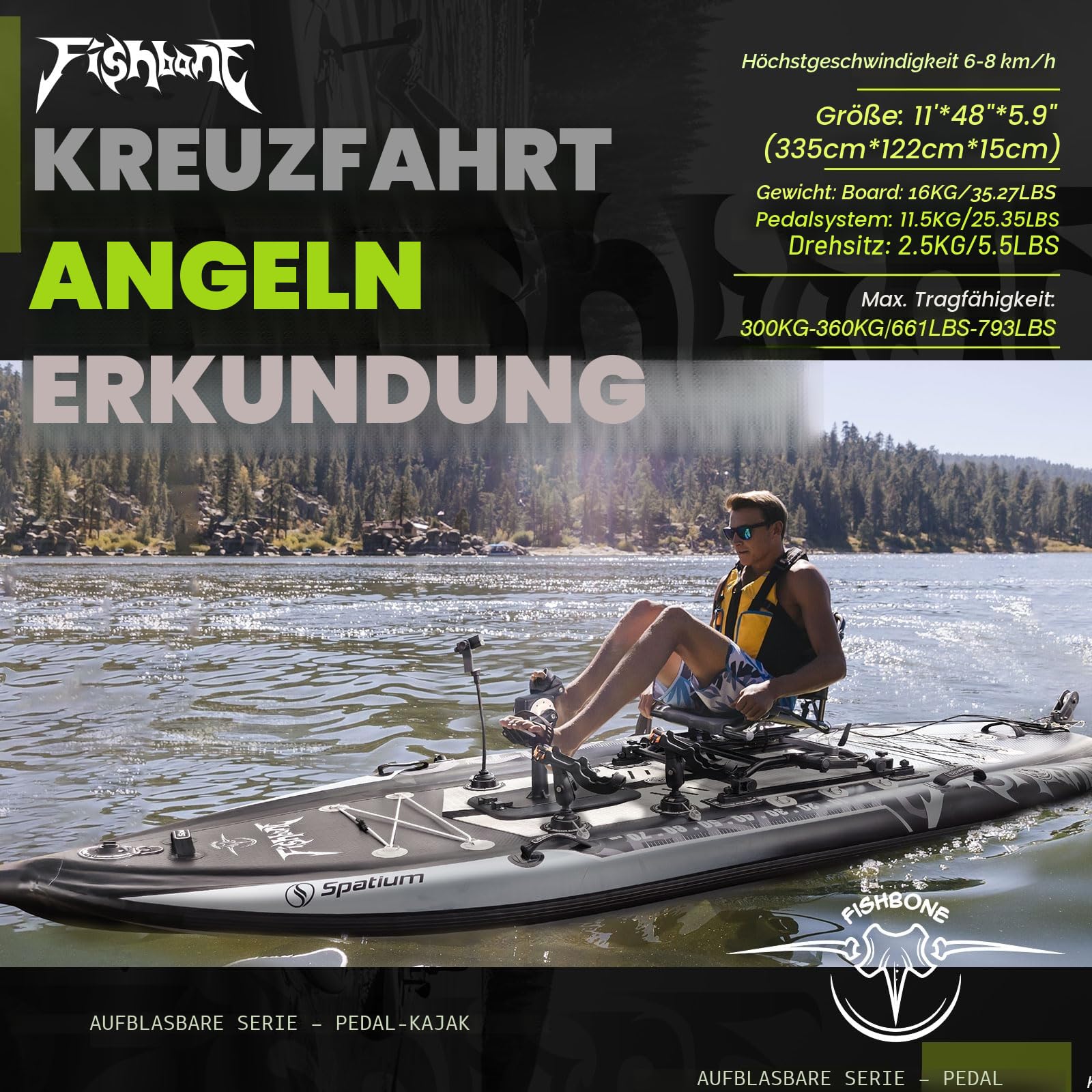 Spatium Pedal-Sit-on-Top-Pedalantrieb, Angeln, Kajak, Anti-Kollisions-Design mit 360° drehbarem Sitz, extra Breite, aufblasbares Boot für Erwachsene, geeignet für Flüsse, Ozeane, Seen