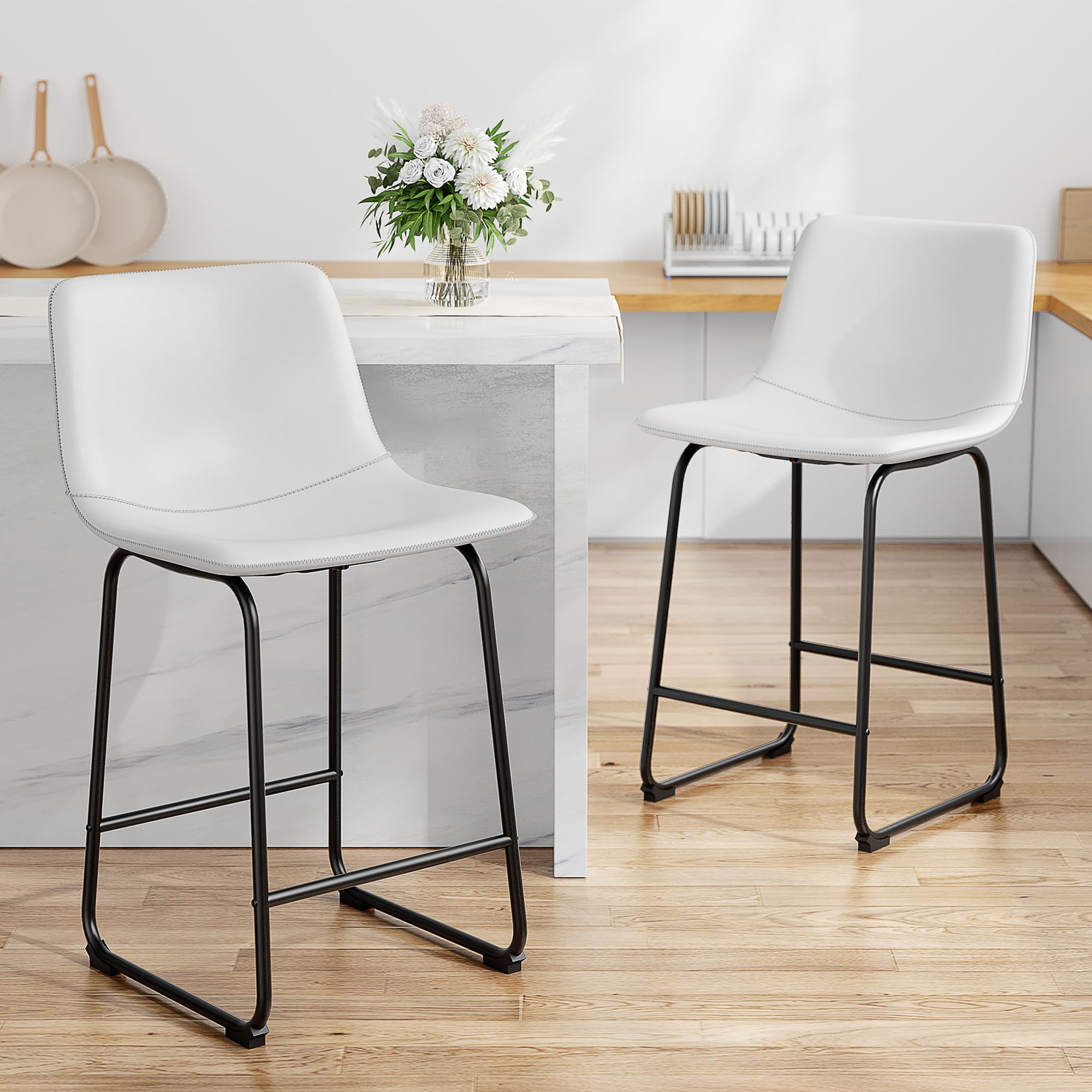 REONEY Bar Stools Set of 2, PU Leather Counter Height Bar Stools, 26" Modern Barstools with Metal Legs and Footrest, Urban Armless Dining Chairs with Backrest for Kitchen Island (White)