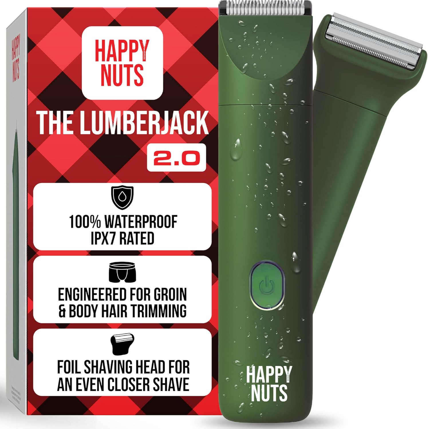 HAPPY NUTS Lumberjack 2.0 Men’s Electric Body & Groin Hair Trimmer – Waterproof, Rechargeable Manscaping Kit with Foil Shaver – Ultra-Quiet Motor for Efficient Grooming (Green)