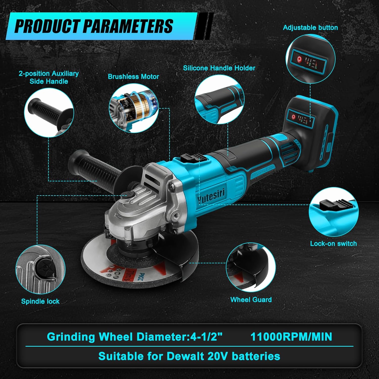 Cordless Angle Grinder for Ma-kita 18V Battery, 11000RPM Brushless Grinder Tool,3 PCS 4-1/2" Blades for Cutting, Griding, Polishing, etc. (Battery NOT Included)
