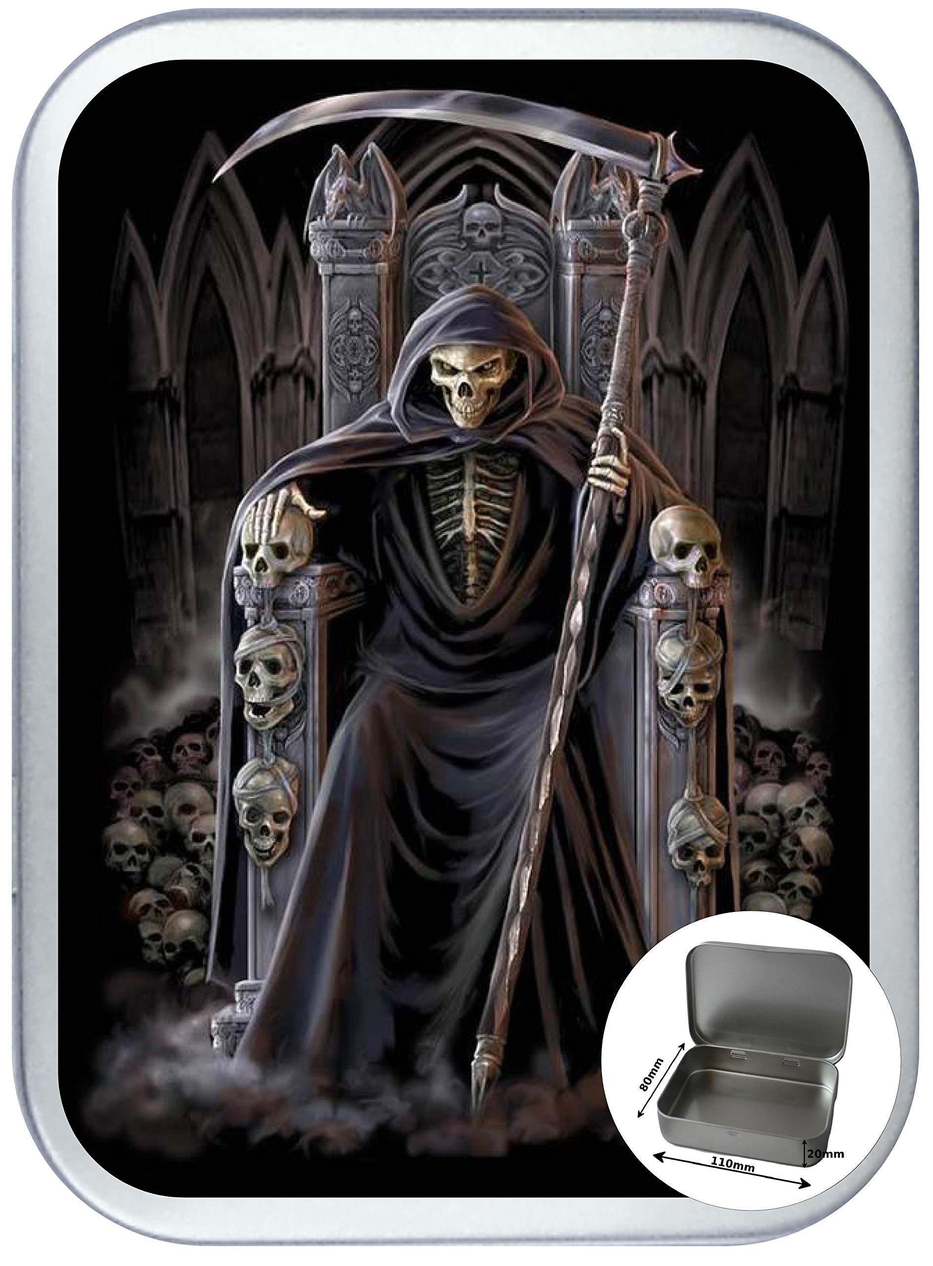 TEEZ Grim Reaper Throne 150ml Silver Hinged Tobacco Tin, Hinged 2oz Tobacco Tin