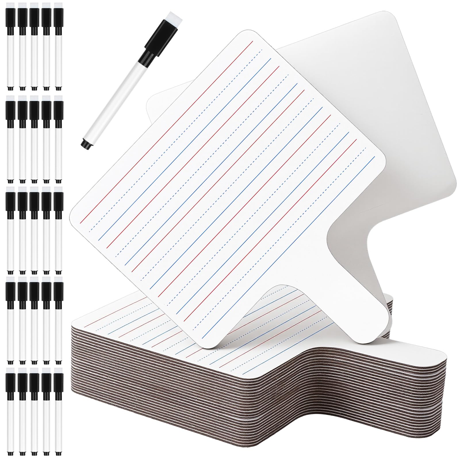 25 Sets Double Sided Dry Erase Paddles Double Sided White Boards with 25 Black Markers Handheld Whiteboard Sign with Blank and Lined Sides for Learners Teacher Classroom Office Supplies