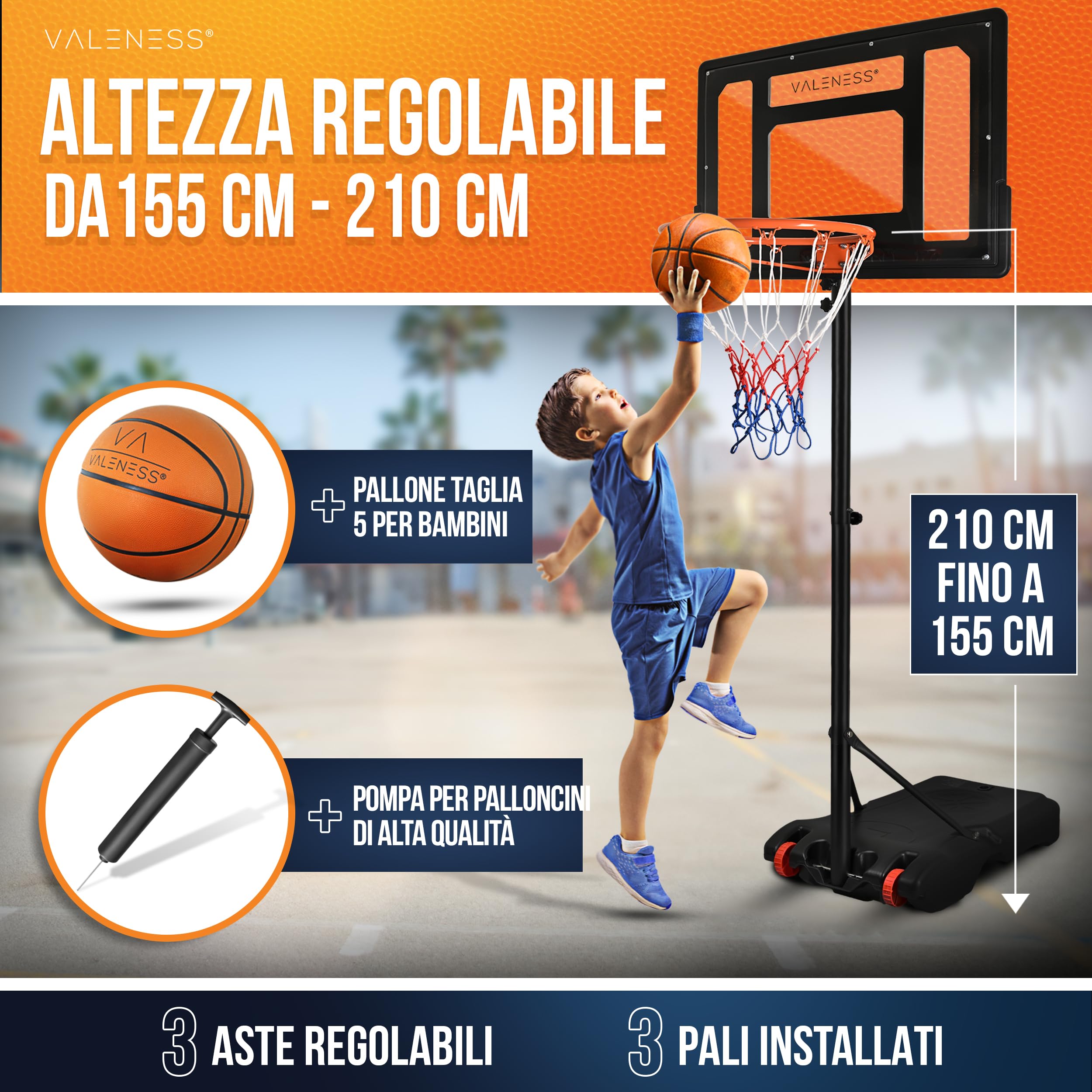 VALENESS® Canestro da basket da esterno – Supporto regolabile in altezza [135–305 cm] e resistente alle intemperie – Canestro professionale con pallone e pompa per bambini e adulti