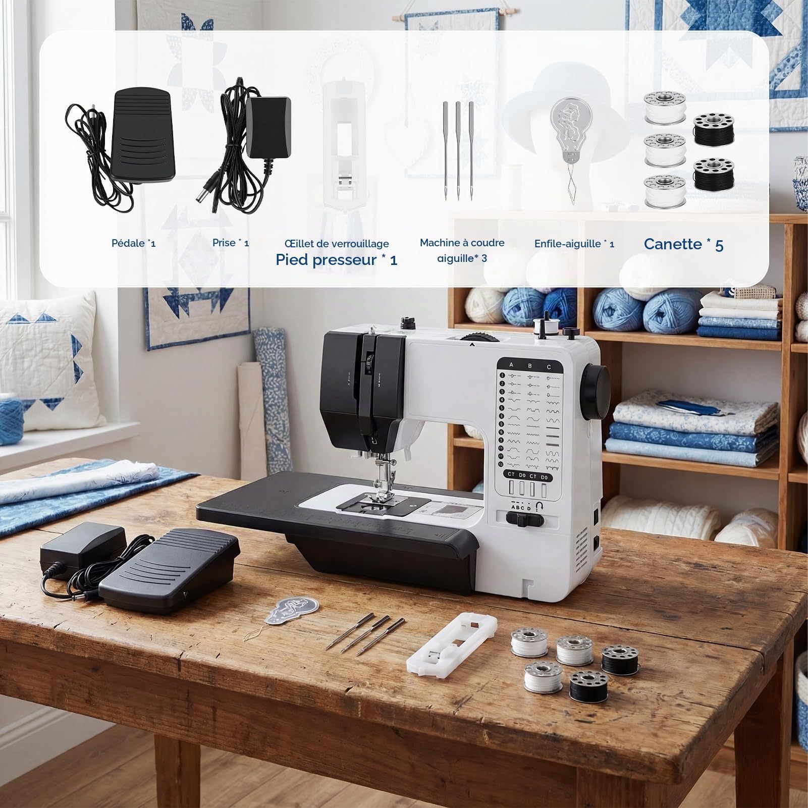 Machine à coudre avec 38 points intégrés – électrique domestique pour débutants, table d'extension, lumière LED, fonction point arrière, portable le quilting, les travaux UE
