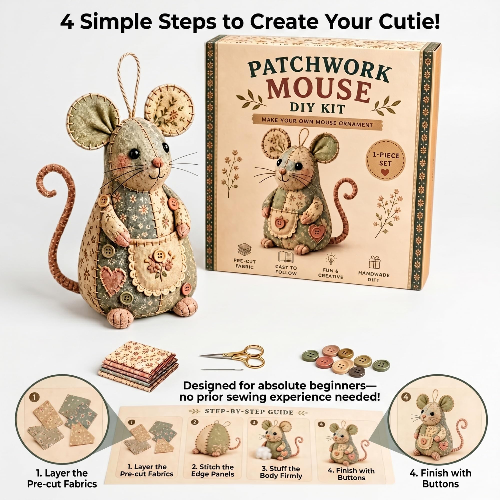 Kit fai te patchwork con topo, set cucito fatto mano imbottitura tessuto floreale bottoni, kit cucito disegni patchwork animali completi divertenti for principianti regalo compleanno(Set 1+2+3)