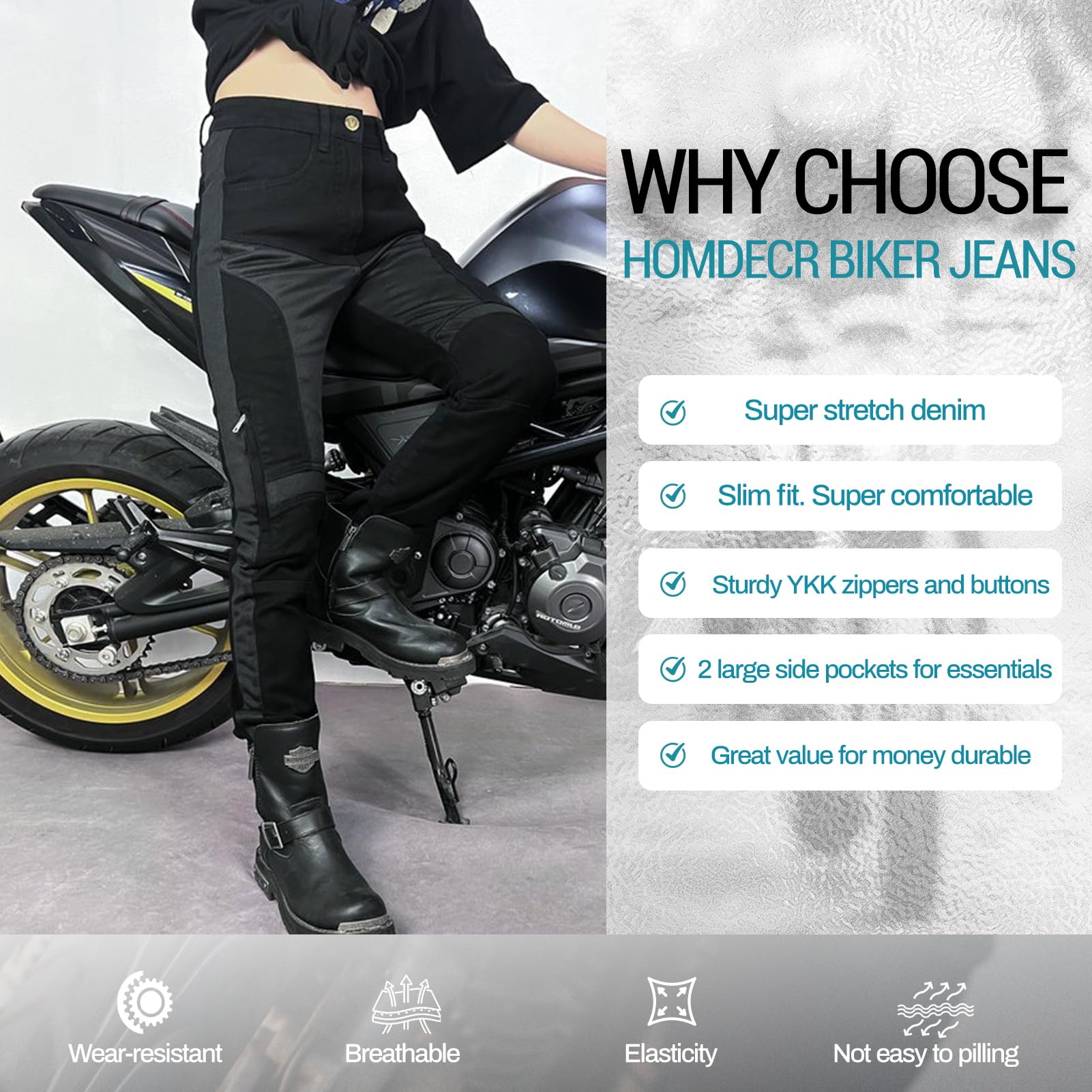 Pantalones De Moto para Mujer,Kevlar Vaqueros De Motociclista Elástico Carreras Senderismo Pantalones con Bolsillos Y 4 Almohadillas Protectoras Desmontables