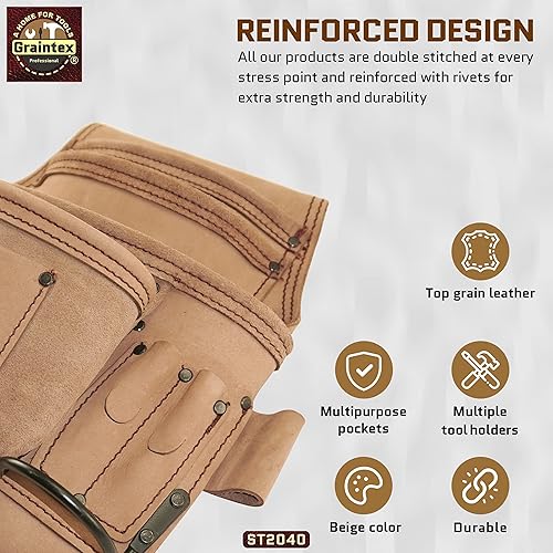 Miniatura 5 de GRAINTEX ST2040 - Bolsa de 10 bolsillos para uñas y herramientas de cuero natural de grano superior para enmarcadores, constructores, electricistas,