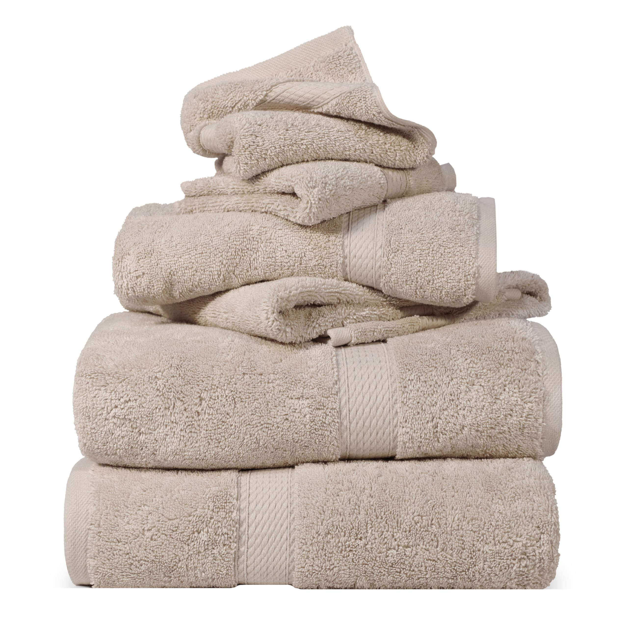Egyptian Cotton Pile 6 Piece Towel Set, Includes 2 Bath, 2 Hand, 2 Face Towels/Washcloths, Ultra Soft Luxury Towels, Thick Plush Essentials, Guest Bath, Spa, Hotel Bathroom, Stone