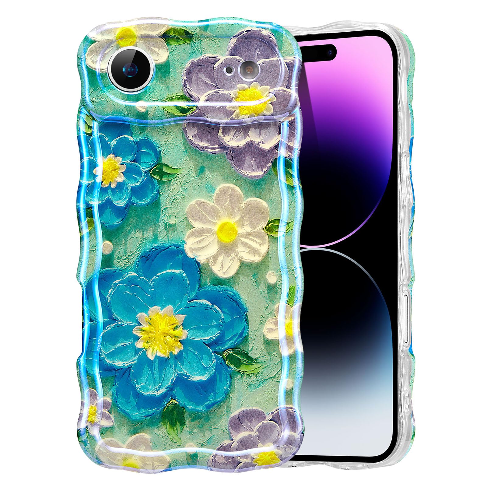 EYZUTAK Case for iPhone 15, Colorful Retro Oil Painting Flower Laser Beam Glossy Pattern Cute Curly Waves Border Exquisite Phone Cover Stylish Durable Soft TPU Protective Case for Girls Women - Green — view 108