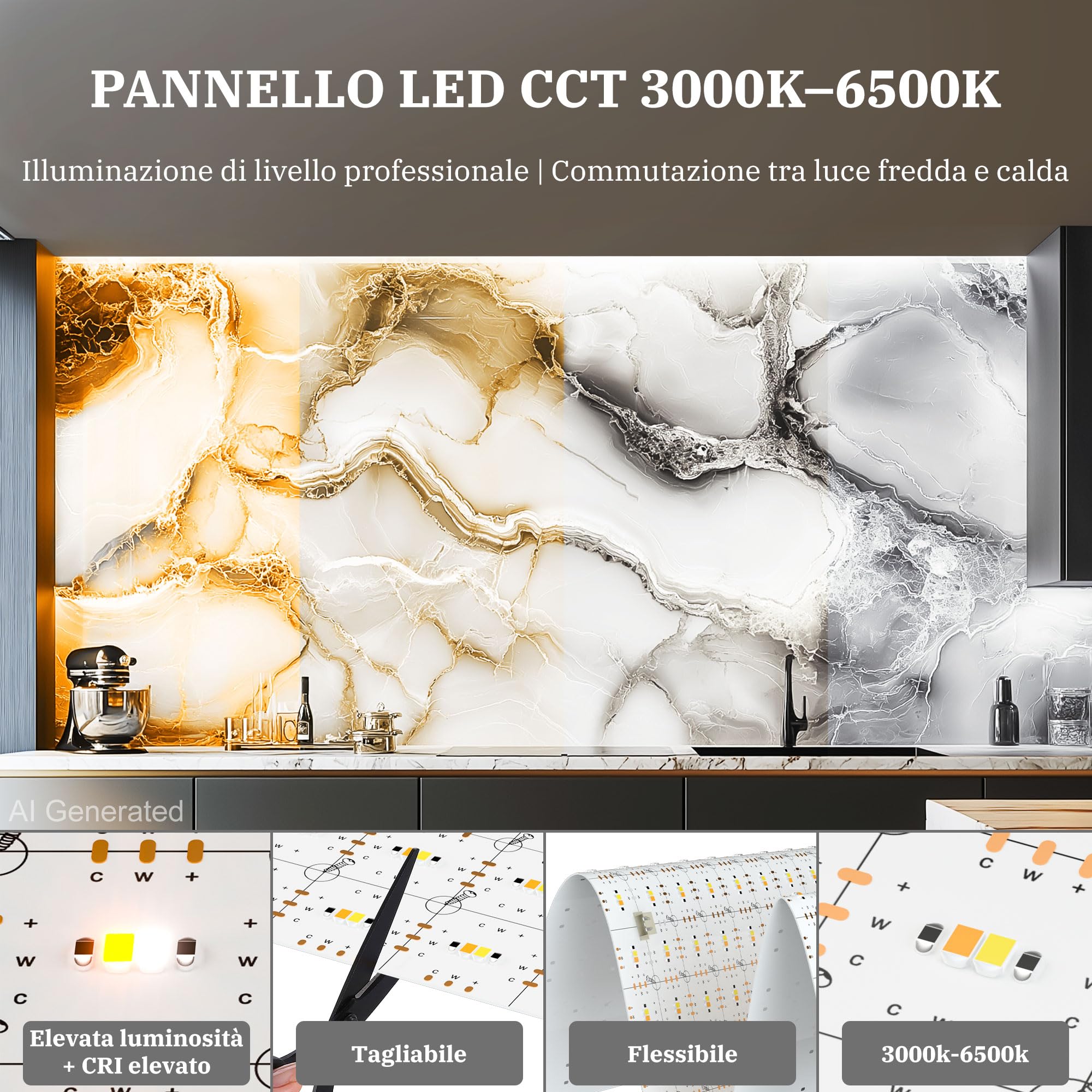 Lichaser 4 Pack LED per Retroilluminazione 3000K–6000K Luce Calda e Fredda 24V 36W, Pannello LED dimmerabile compatibile con Alexa, 50x 24.5cm pollici per piani di lavoro in marmo, onice e quarzo