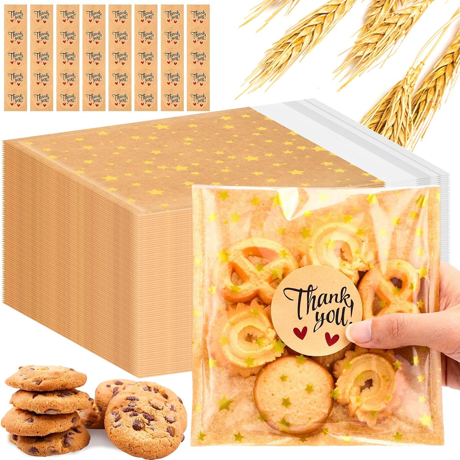 Fuyoooo 100 Pcs Self Adhesive Cookie Bags Cellophane Star Pattern Treat Bags Small Plastic with Thank You Stickers for Party Gift Giving Bakery Biscuit Candy Pastry (7.1 x 7.5 Inch)