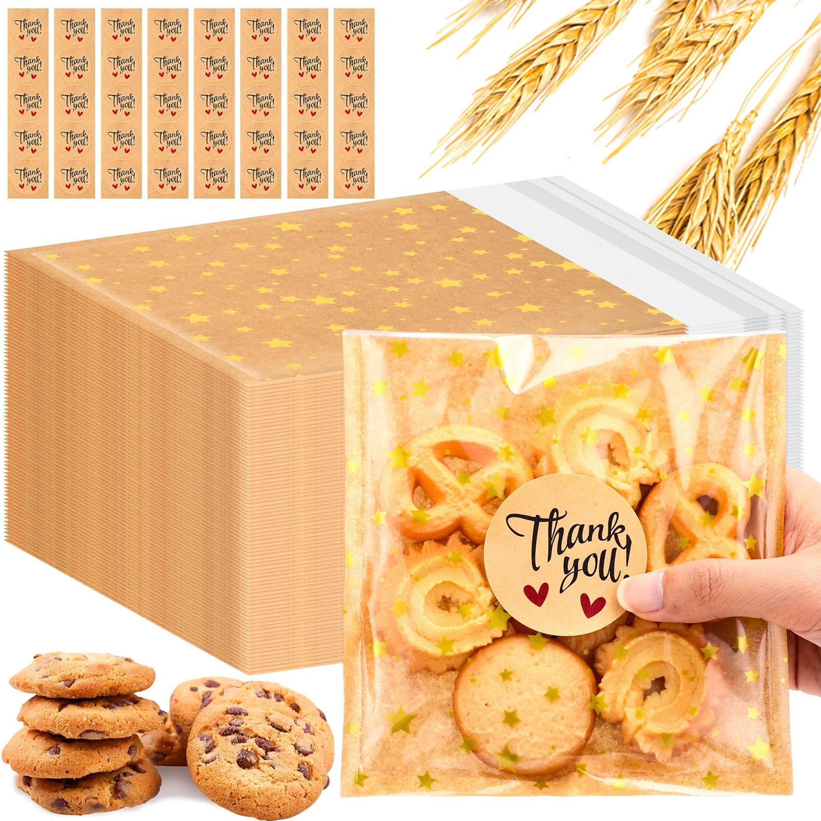 100 Pcs Self Adhesive Cookie Bags 5.5x5.5'' Star Clear Plastic Candy Treat Bag with Thank You Sticker for Gift Giving Birthday Wedding Party Bakery Biscuit Chocolate Snack Dessert Packaging