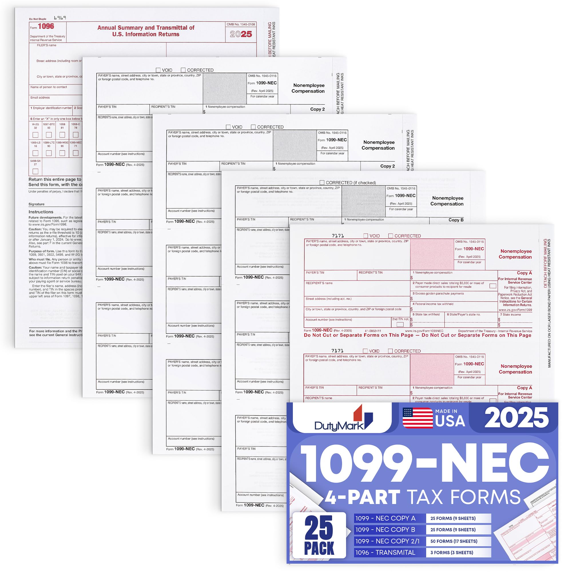 1099 NEC Forms 2025 4 Part Tax Forms Kit of Laser Forms, Compatible with QuickBooks and Accounting, 25 Pack, Software and Envelopes NOT Included, Made