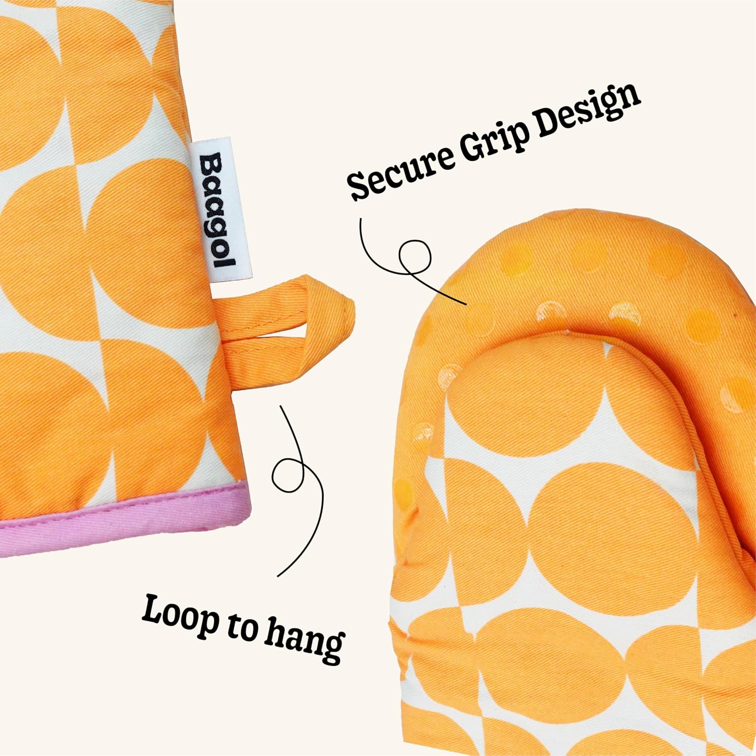Non-Slip Cotton Kitchen Oven Mitt Set, Modern and Cute Kitchen Mittens with Non-Slip Silicone Grips and Hanging Loops, 2 Piece, 12" x 5.5" (Tangerine Crush)