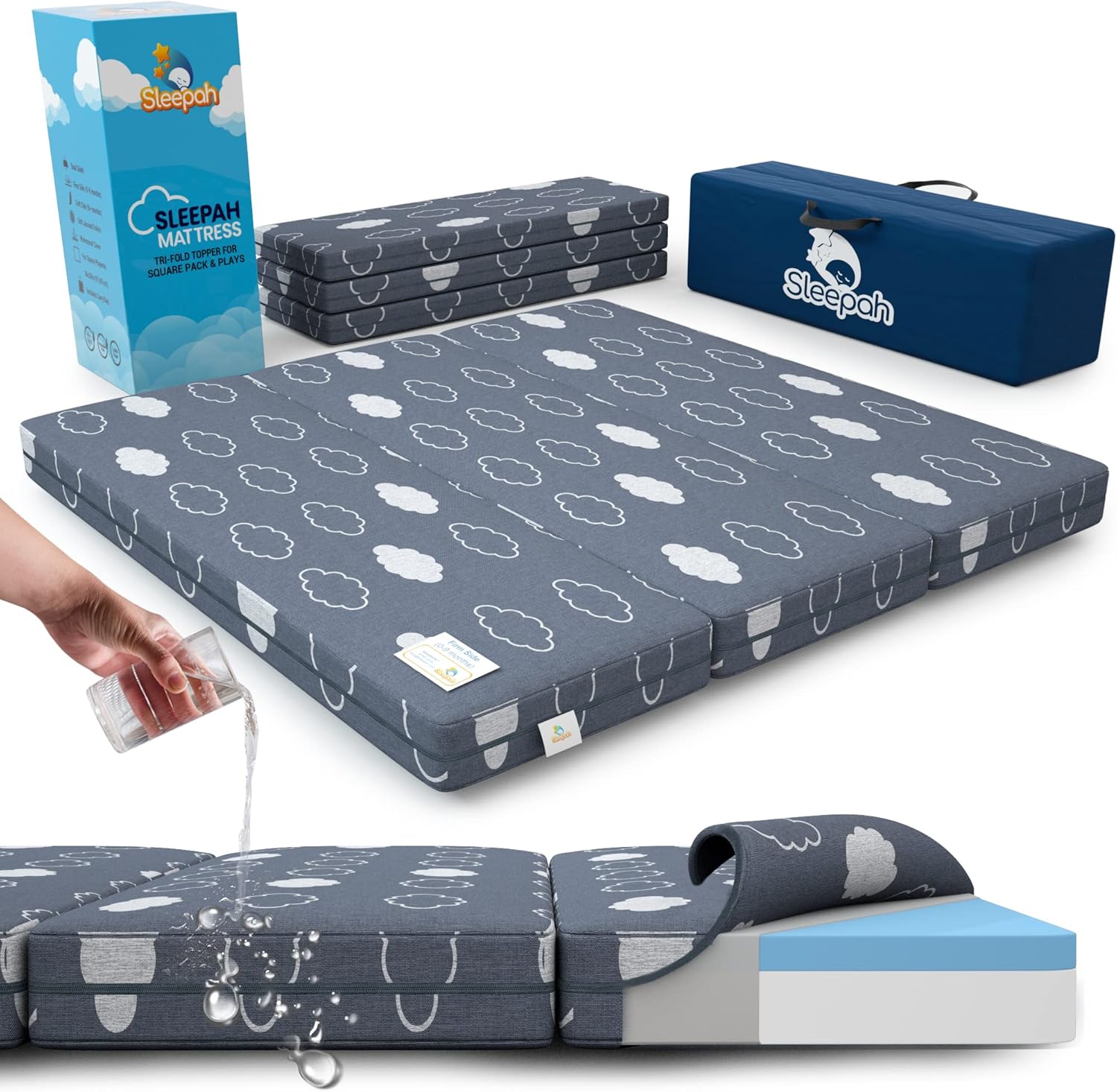 Sleepah Square Pack and Play Mattress (Trifold) Waterproof Memory Foam Playard Portable Playpen