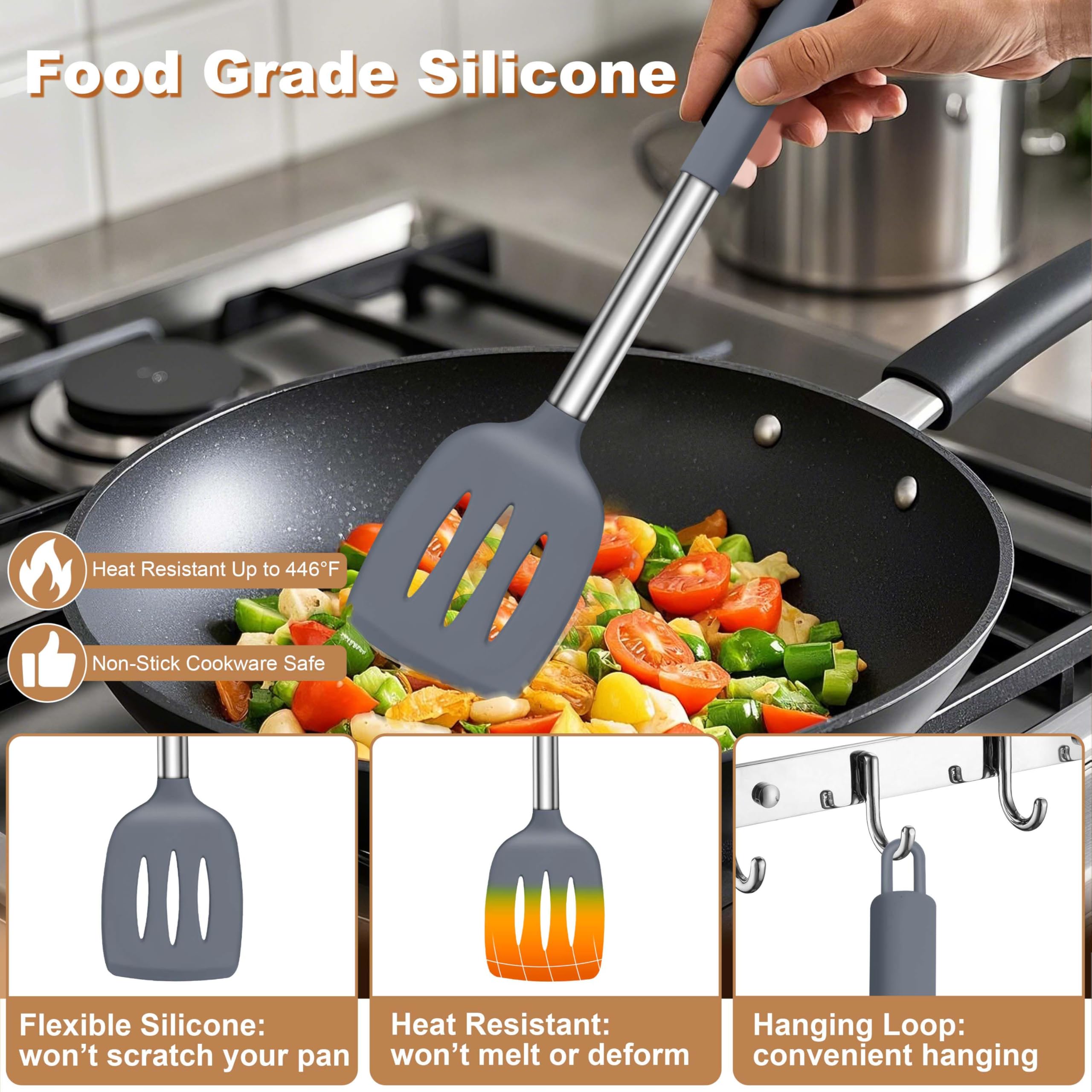 LIANYU Juego de utensilios de cocina de silicona, 6 piezas, resistentes al calor, mango de acero inoxidable antiadherente, herramientas de espátula, apto para lavavajillas, color gris