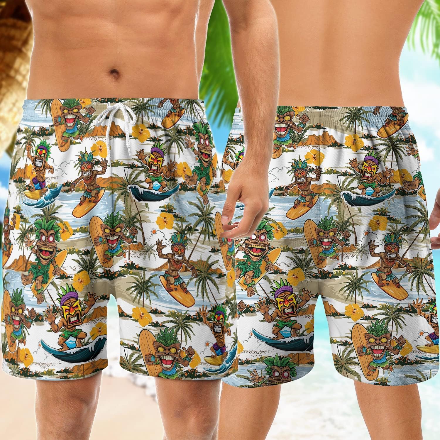 Tropical Summer Men's Quick Dry - Tiki Mask Hawaiian Shorts for Men - Beach Tiki Shorts Swim Trunks Set 7 (TND-LN-7)