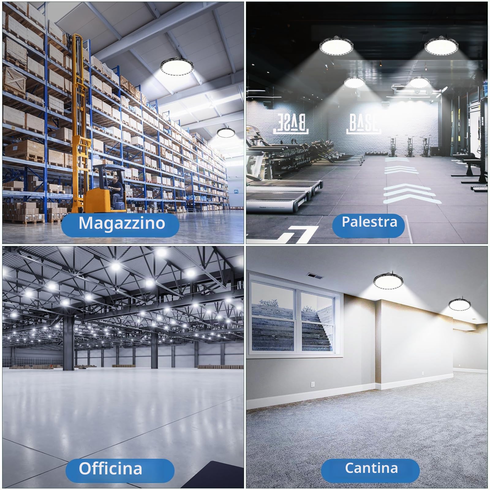 100W Faretto LED UFO Interno 4 Pezzi, Lampada LED per Capannone 10000LM con Catena Metallica da 30CM, Driver, 6500K IP65 Plafoniera LED Garage Industrial per Campana Officina Sofftto