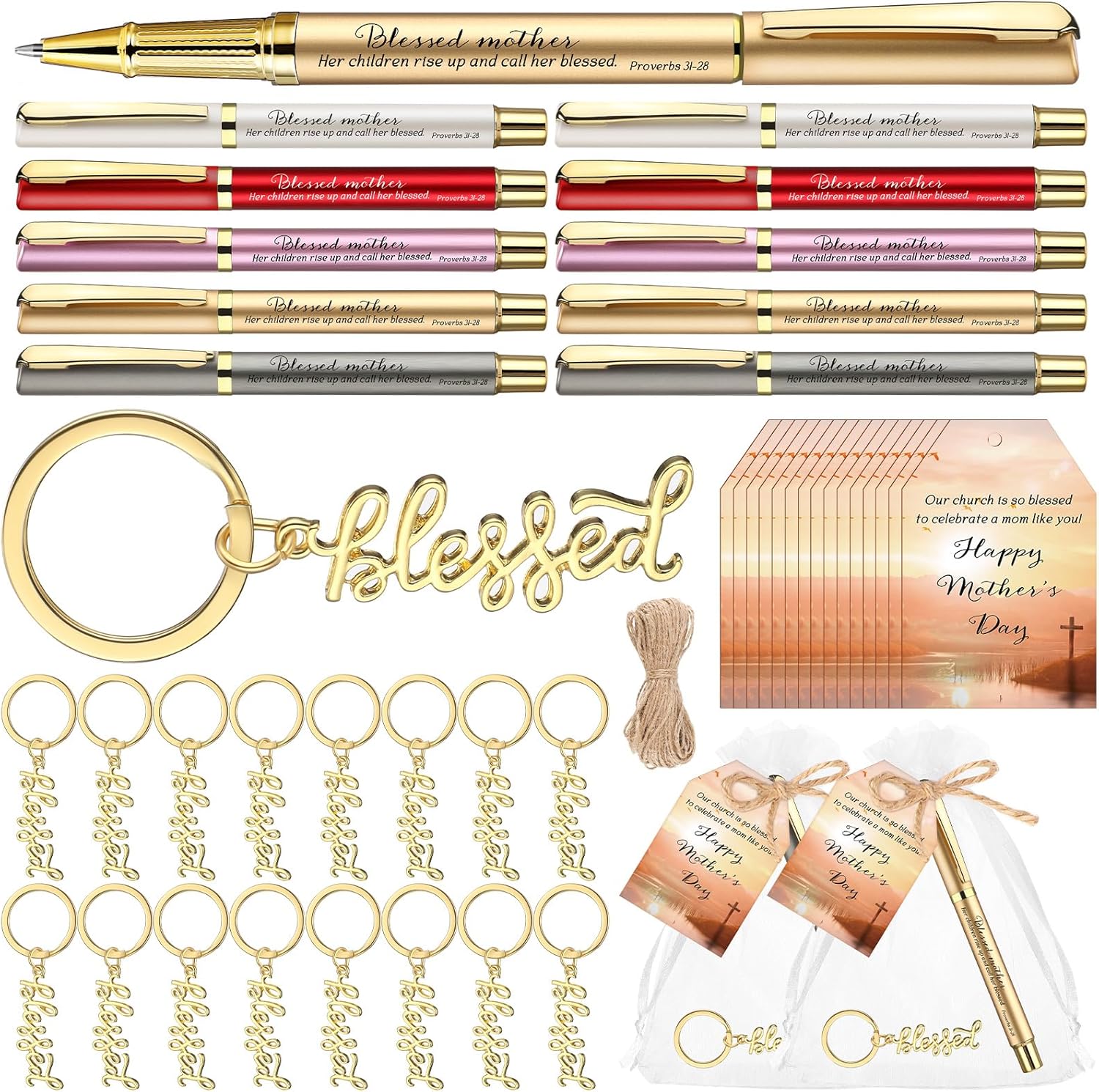 Spakon Church Gift Bulk for Mothers Day Blessed Bible Verse Ballpoint Pens Keychain Christian Cross Happy Mother's Day Tag