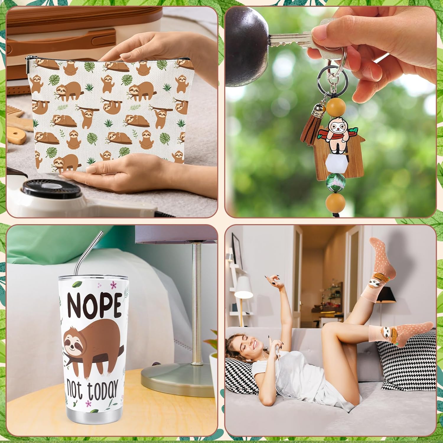 Keluna Sloth Gifts for Women Girls - 4Pcs Sloth Gifts Set 20oz Stainless Steel Tumbler with Lids Straw Cute Animal Makeup Bags Socks Keychain for SlothLovers Friends Birthday Christmas Presents - Image 6
