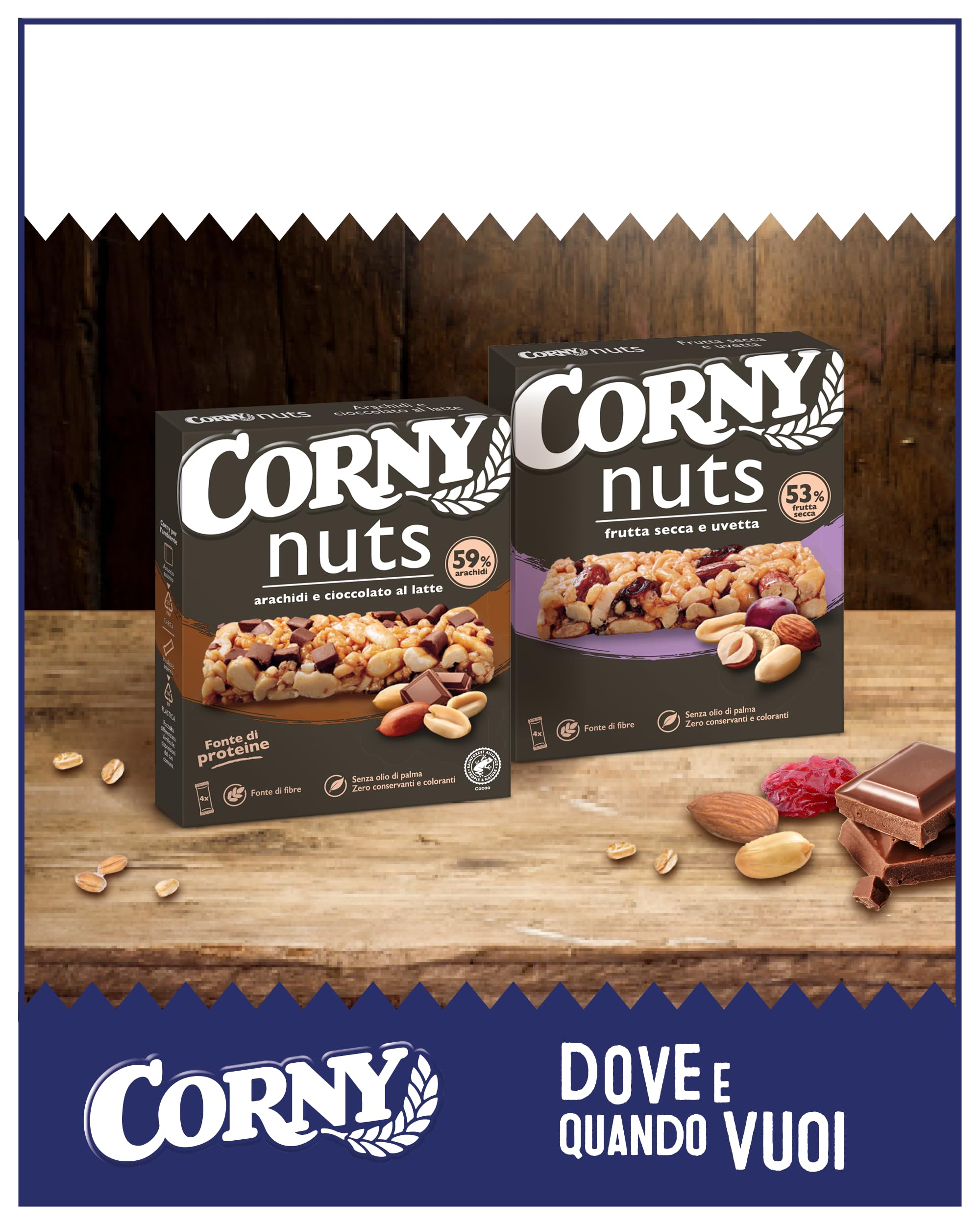 Corny Nuts Barrette Arachidi e Cioccolato al Latte, Senza Olio di Palma, Fonte di Fibre, 4 Barrette da 24g, Confezione da 10 Scatole