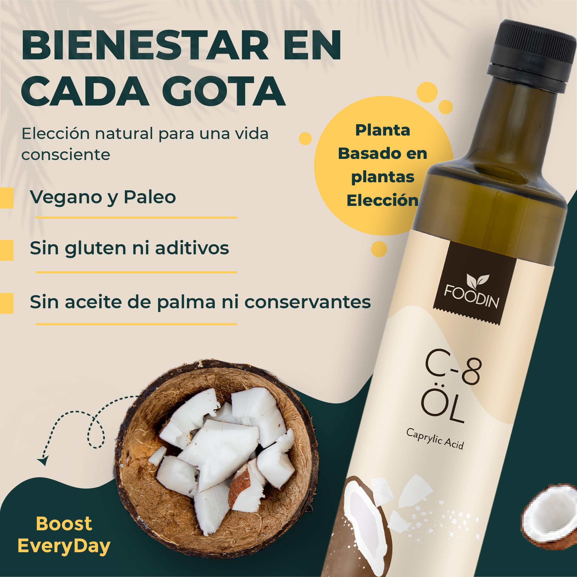 FOODIN Aceite MCT C8, 1000ml Aceite de Coco, Mejor para la Dieta Cetogénica, Aceite MCT Cetonas para Beber, 3x Más Cetonas (100% C8), Aceite de Coco Líquido y Sin Sabor (2x500ml)