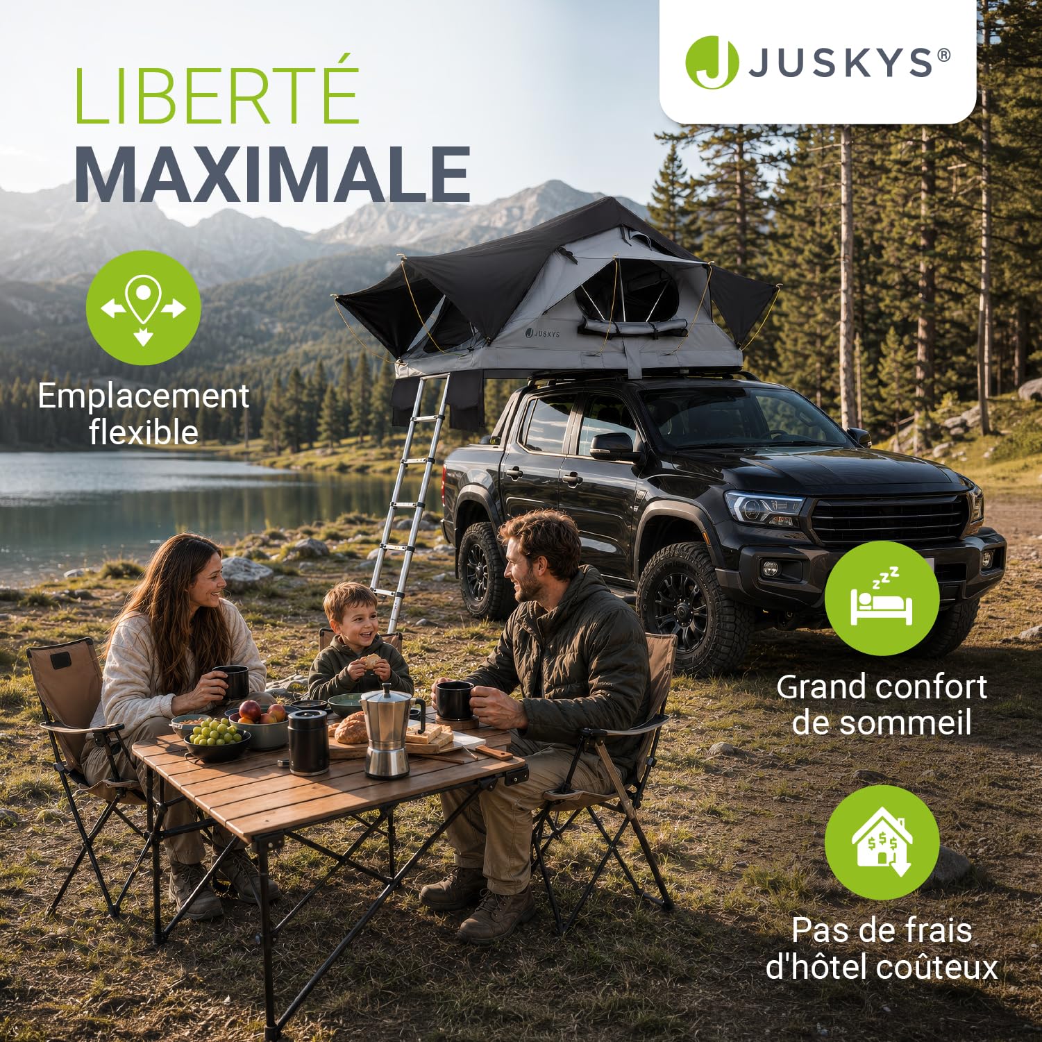 Juskys Tente de toit Lago pour voiture, construction robuste, imperméable et protection UV, tente de toit de voiture, camping, éclairage LED