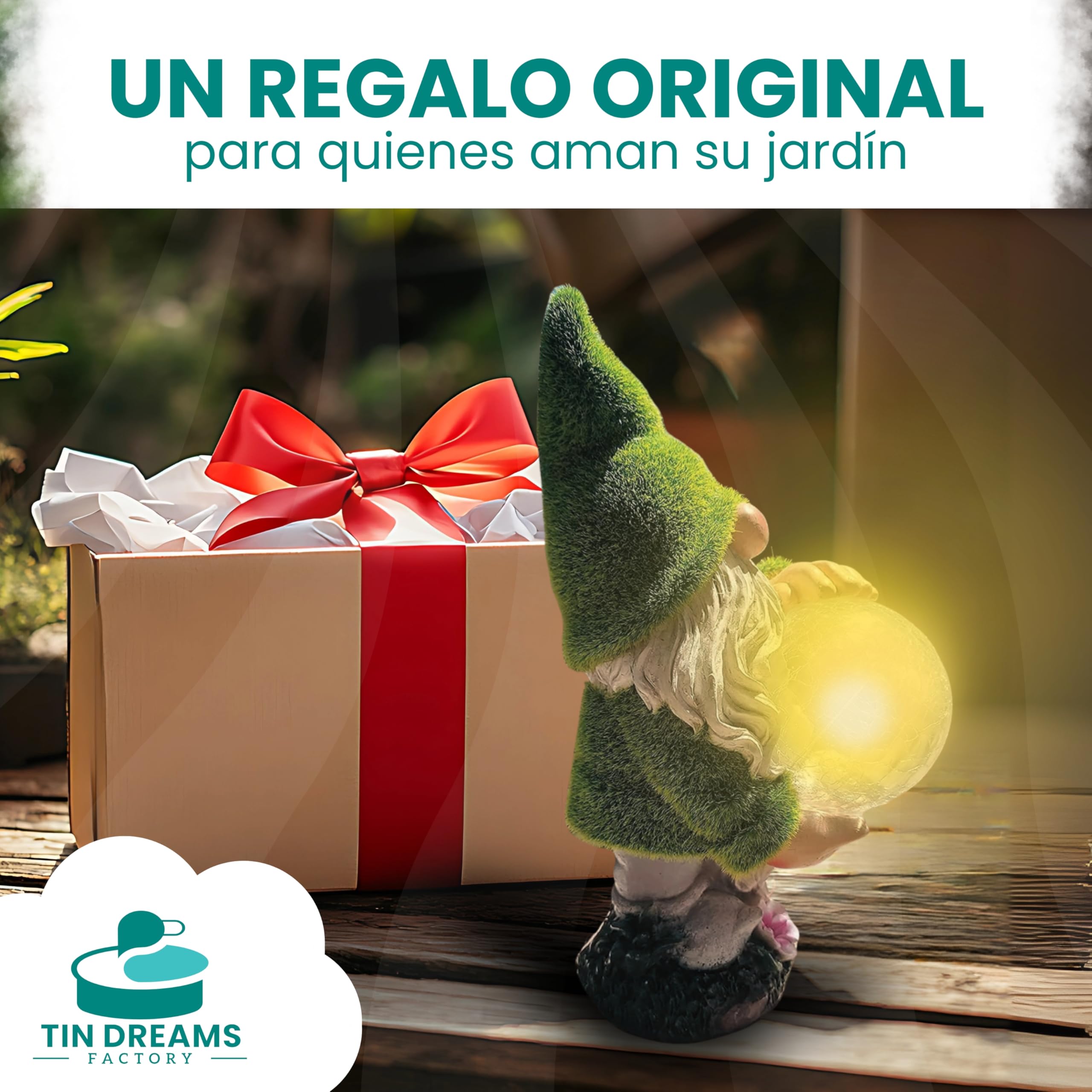 Gnomo Vidente con Luz Solar – Figura Decorativa de Jardín en Resina – Enanito con Bola Luminosa LED – Adorno Original para Jardín, Terraza y Patio
