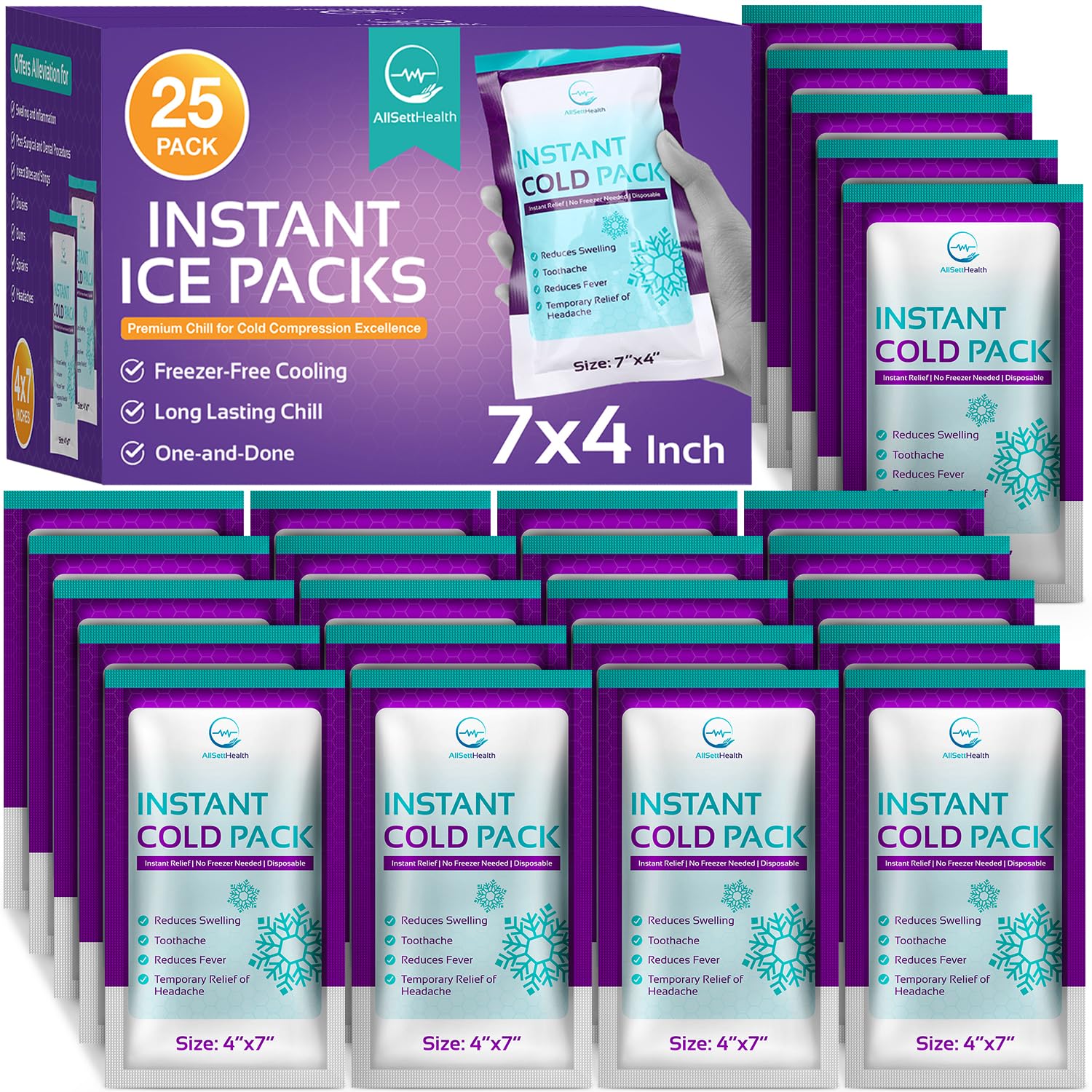 Instant Ice Packs for Injuries 25 Packs (7” x 4”) | Instant Ice Cold Pack - Cold Compress Disposable Ice Pack for Pain Relief, First Aid Essential,