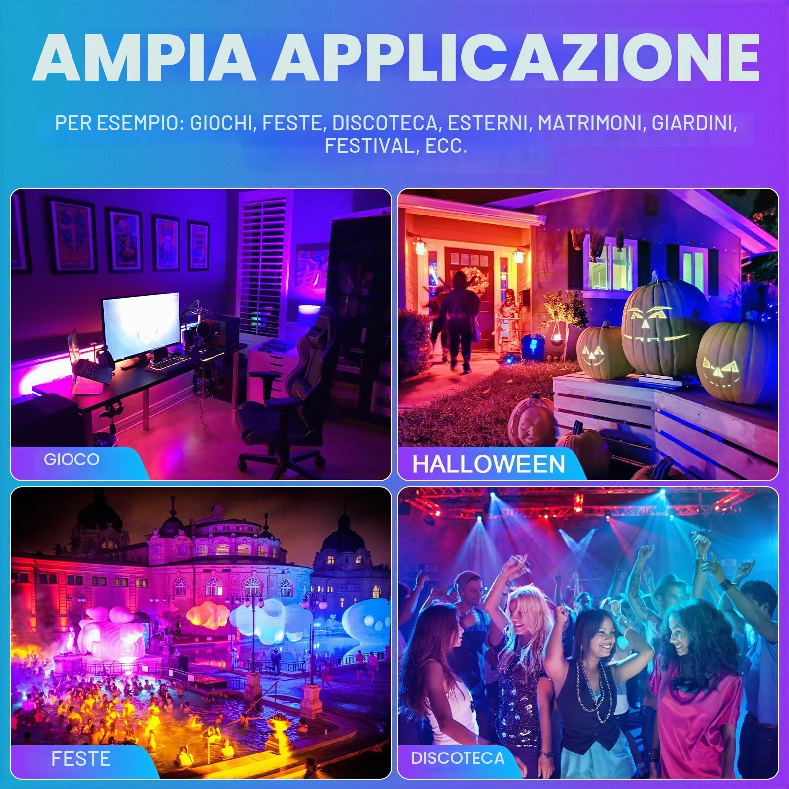 PICAA Faro da Lavoro a LED RGB Smart 200W, 20000LM Esterno, 16 Milioni di Colori, Controllo Wireless via App, Impermeabile IP66, Illuminazione Giardino per Feste Disco con Spina UE (2 pz)