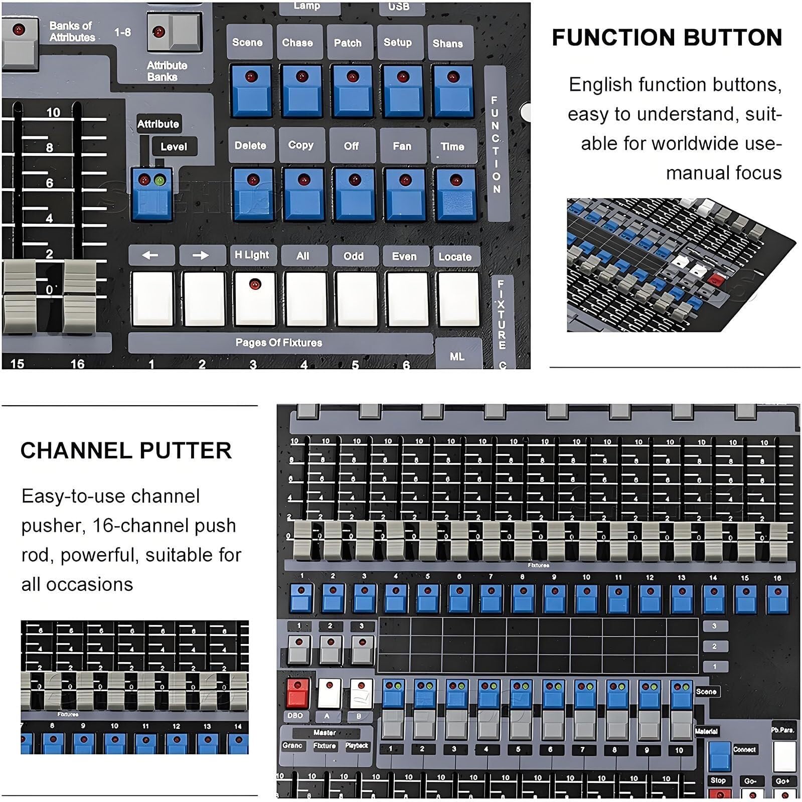 Controlador DMX de 1024 Canales, Consola 512, 60 escenas, Salida de Aislamiento fotoeléctrico para focos LED Par, Cabezas móviles y Equipos de DJ.