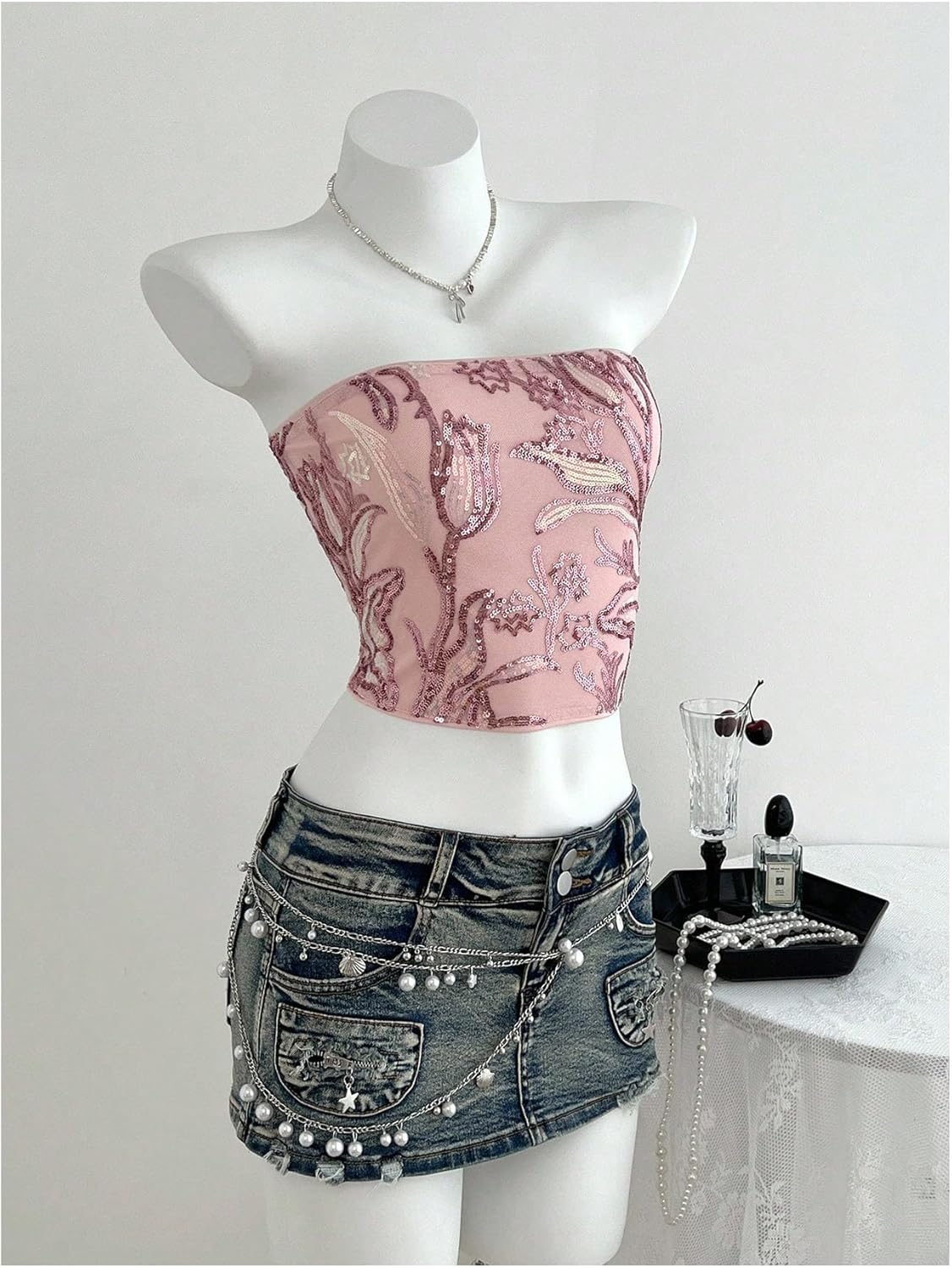 MakeMeChic Women's Floral Sequin Crop Tube Top Sparkly Sleeveless Open Back Y2K Party Tops Clubwear - Image 2